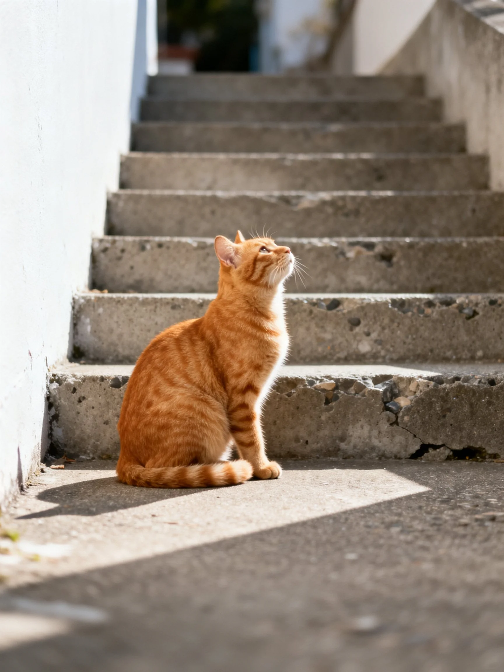 An orange tabby cat sits on weathered concrete stairs in bright sunlight