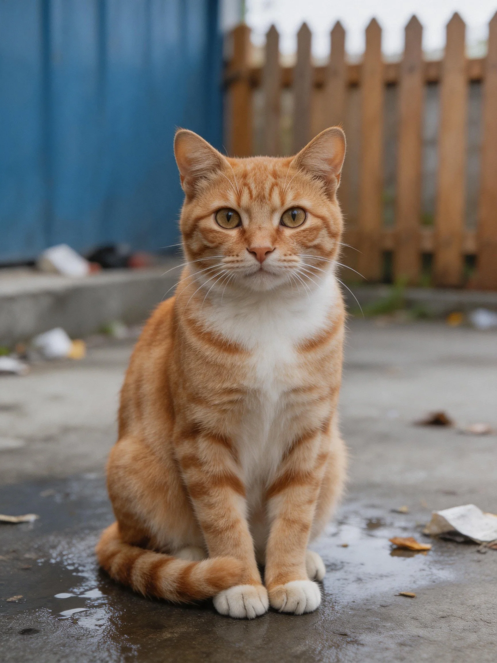 An orange tabby cat sits on wet pavement near a blue shed and wooden fence