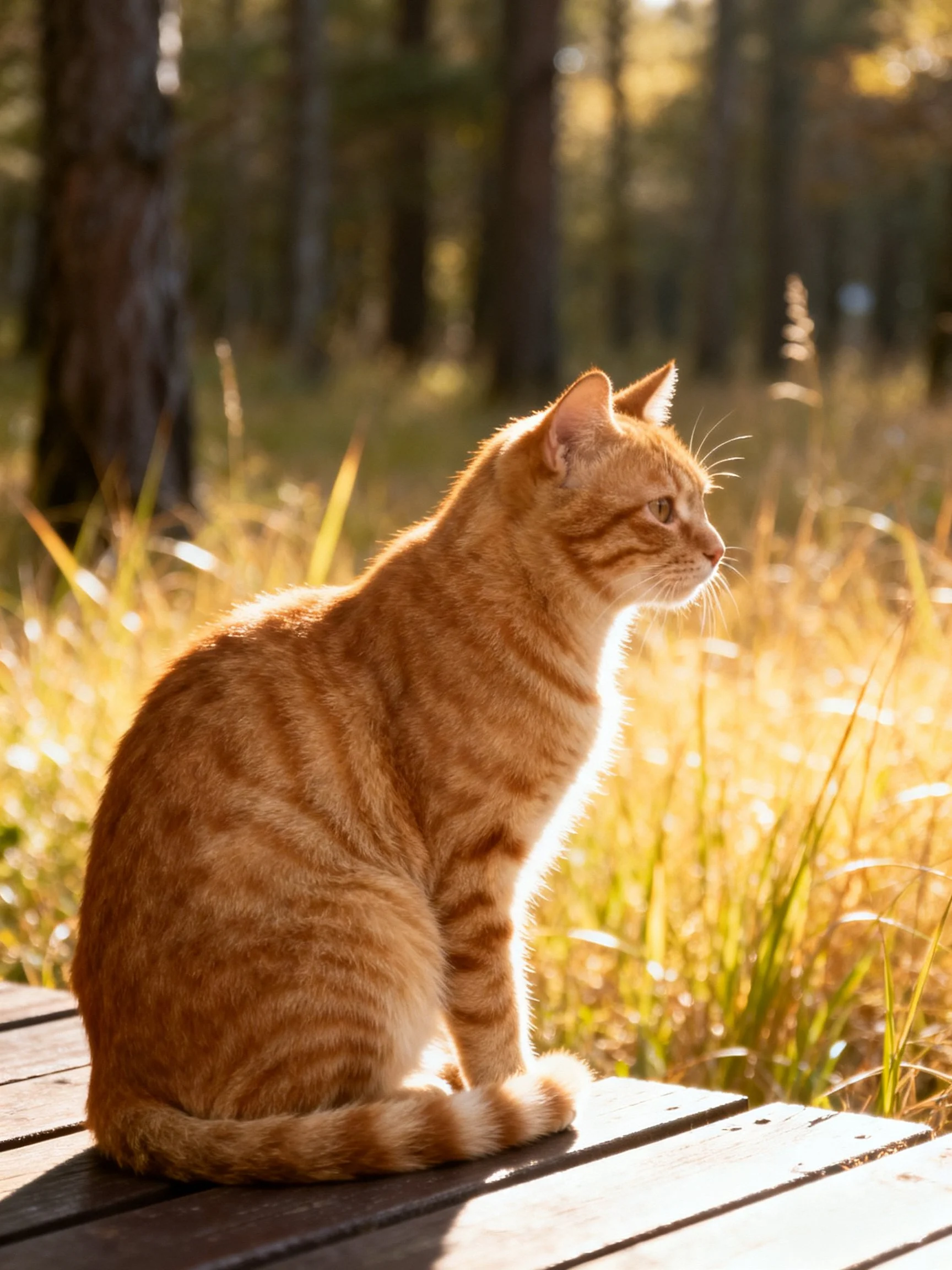 An orange tabby cat sits on wood in a sunlit wooded area.