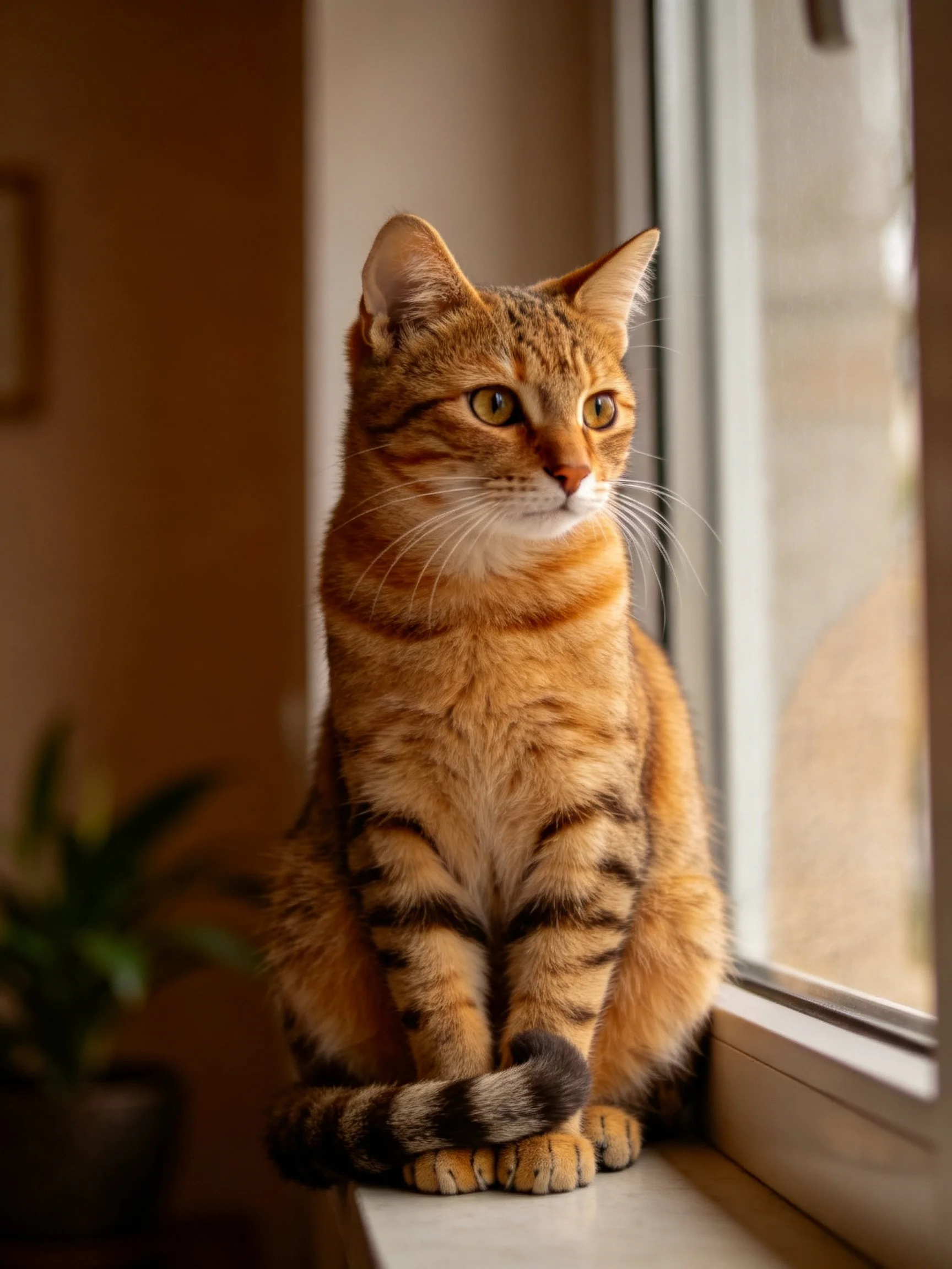 An orange tabby cat sits poised by a sunlit window ledge