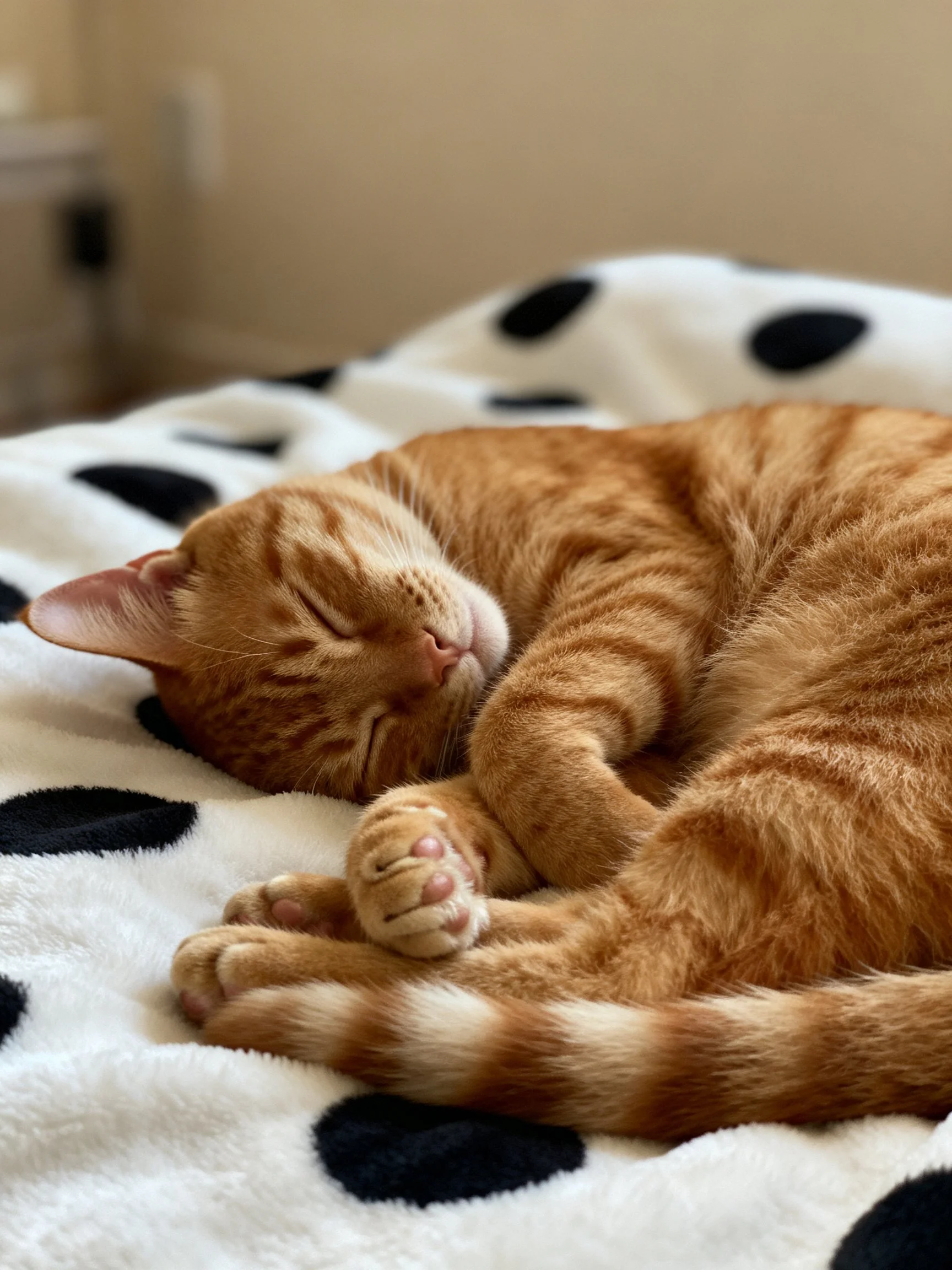 An orange tabby cat sleeps curled on a black-and-white spotted blanket