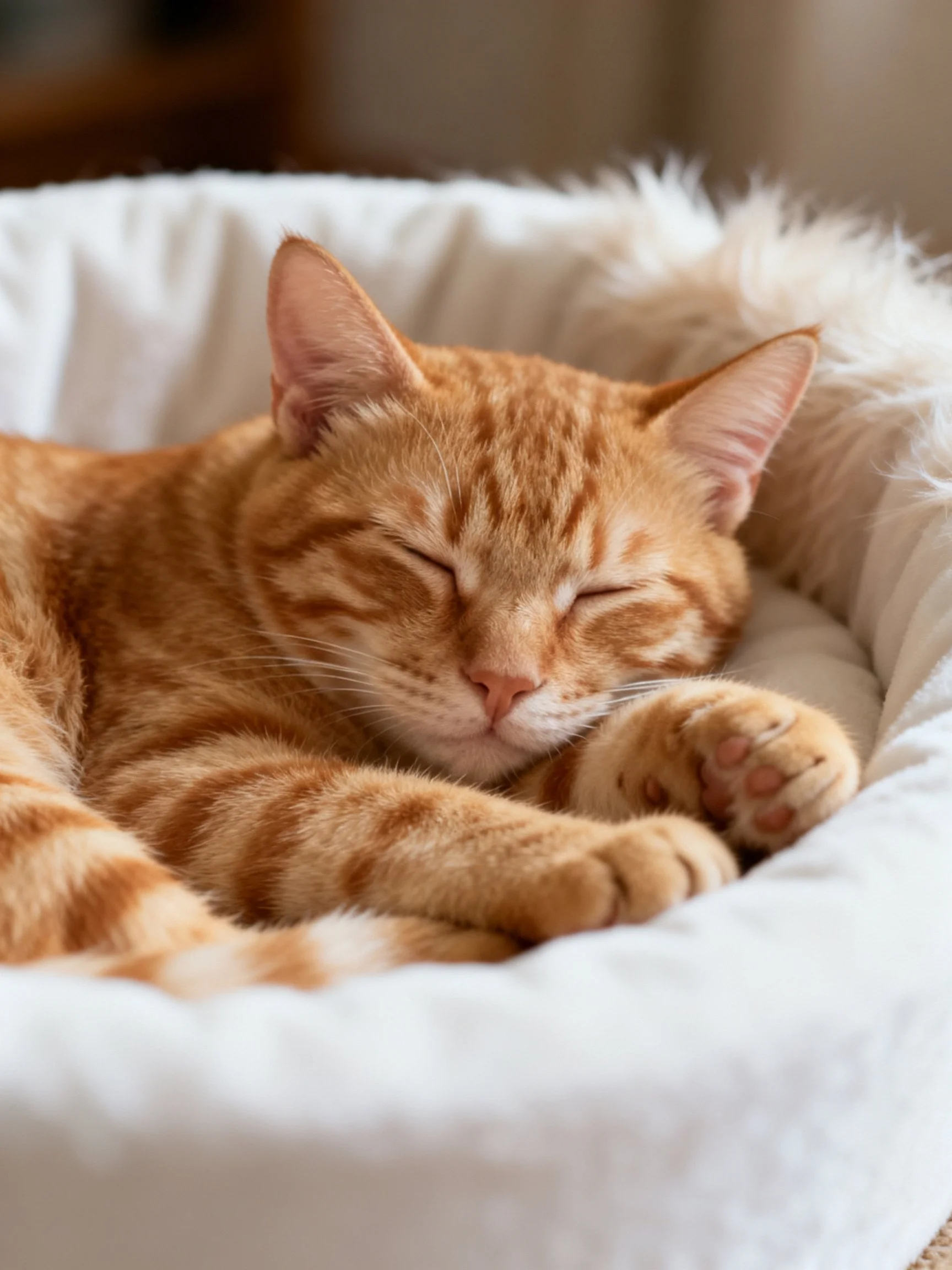An orange tabby cat sleeps cozily in a white bed