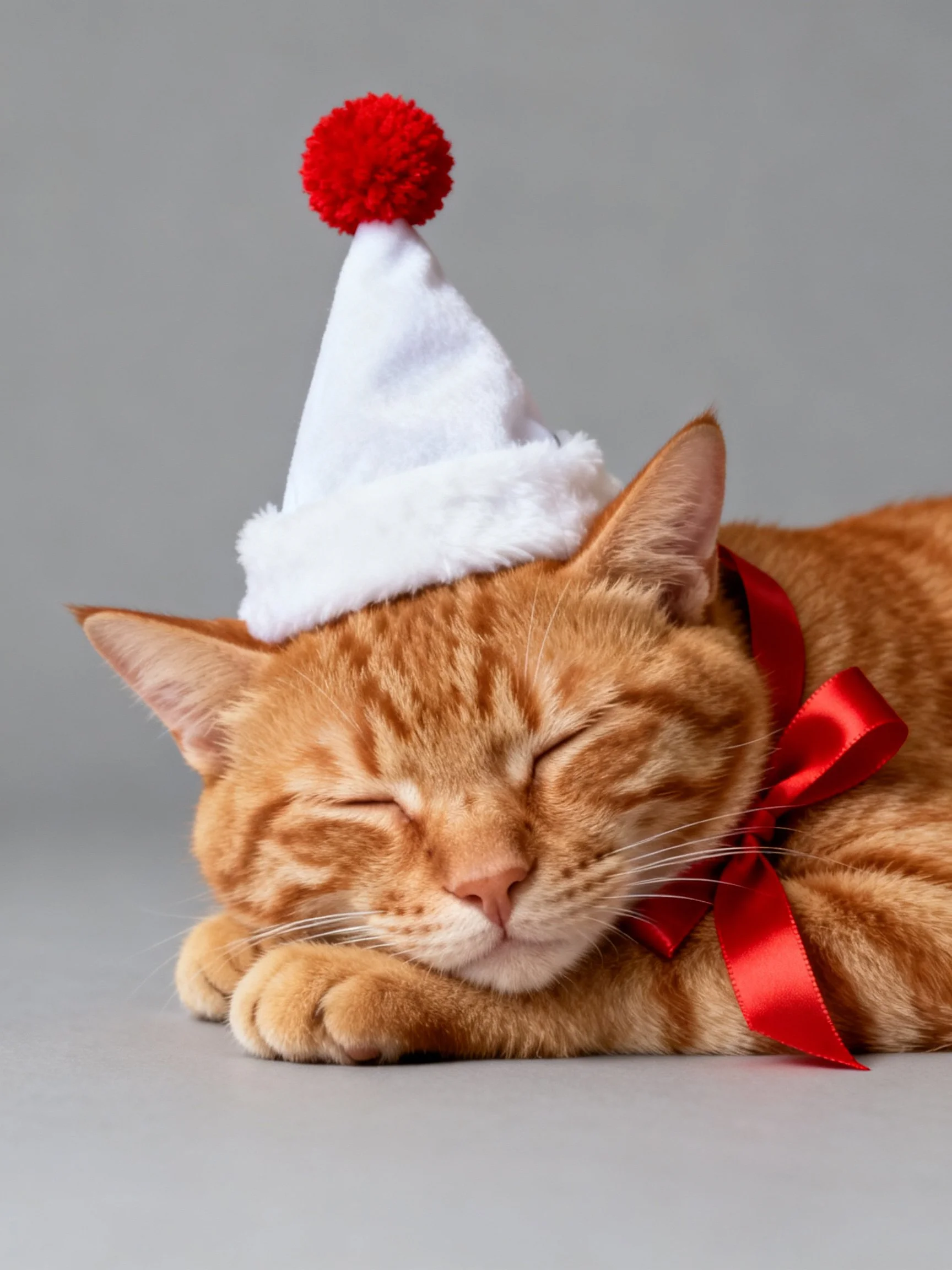 An orange tabby cat rests peacefully while wearing festive accessories