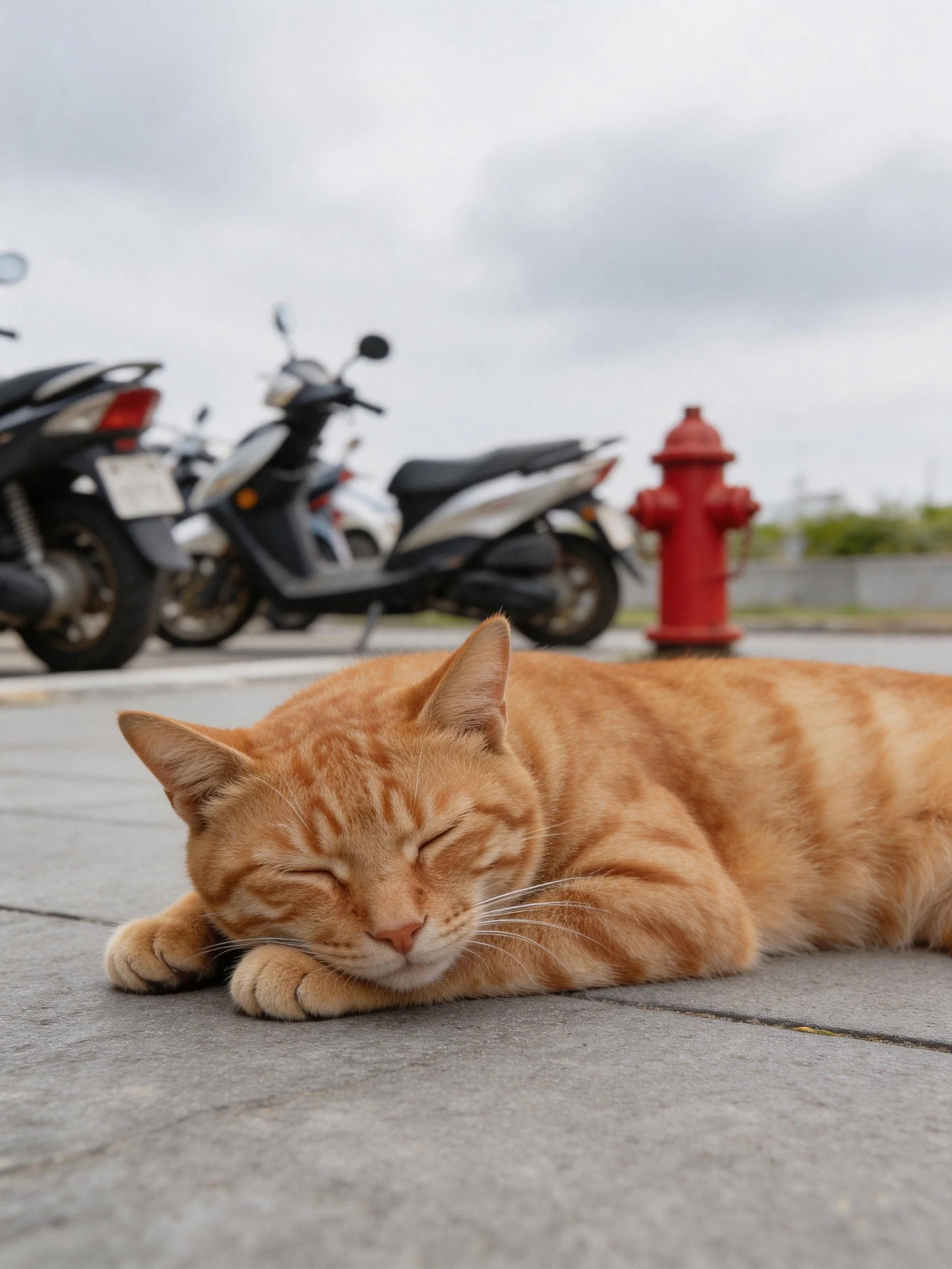 An orange tabby cat rests peacefully near parked scooters and a red fire hydrant.