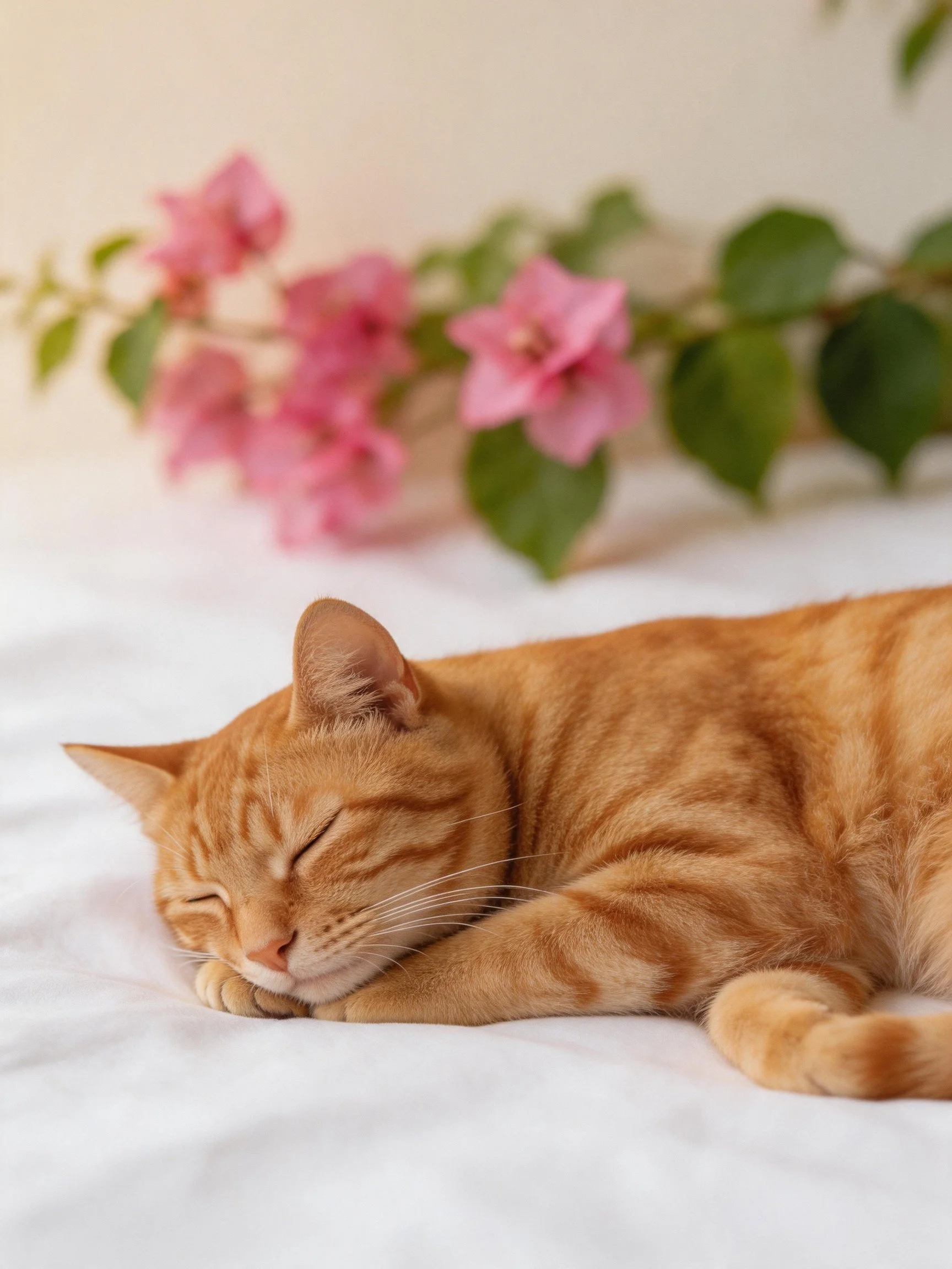 An orange tabby cat rests peacefully beside pink flowers on a white surface.