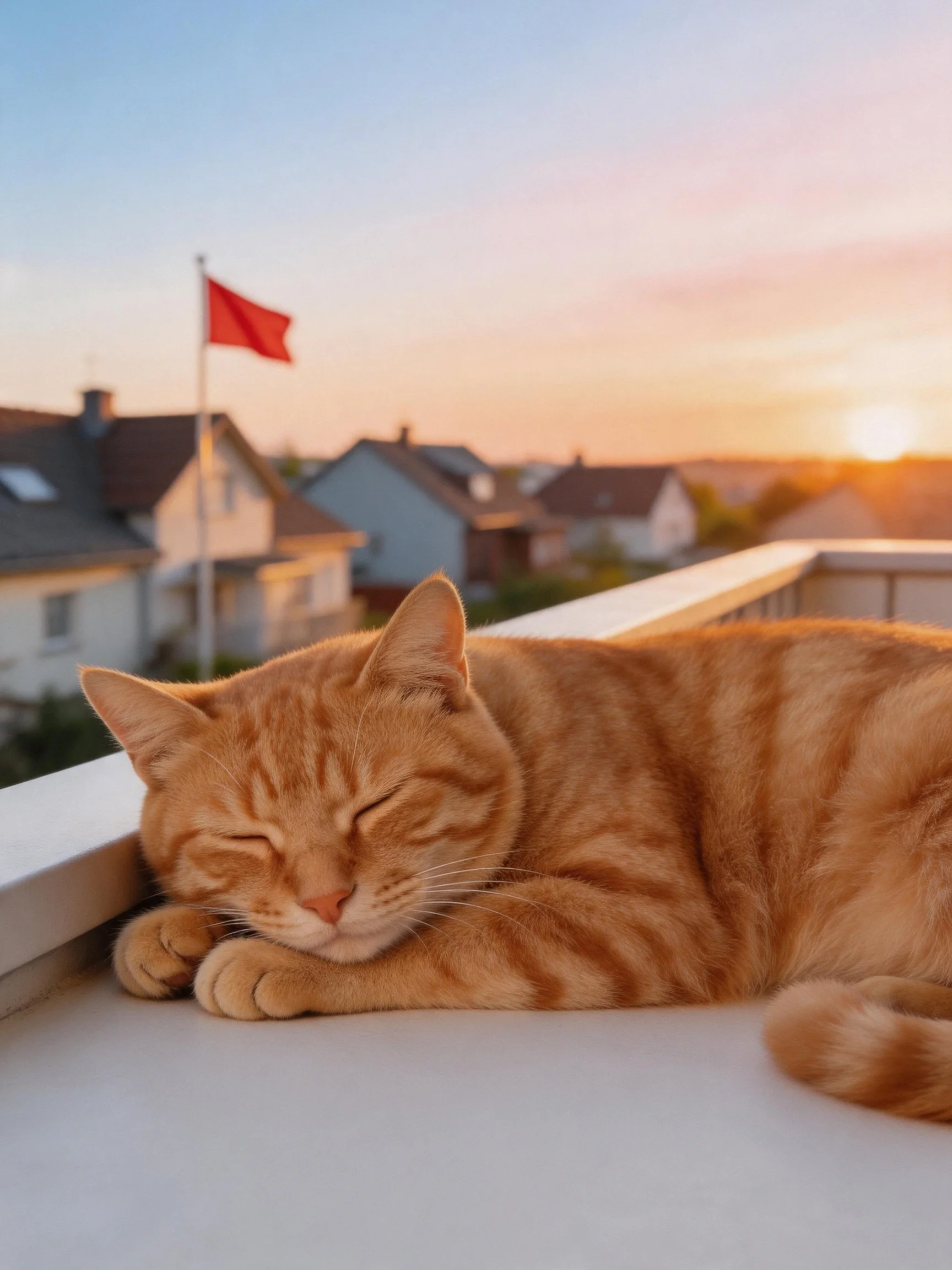 An orange tabby cat sleeps on a balcony at sunset