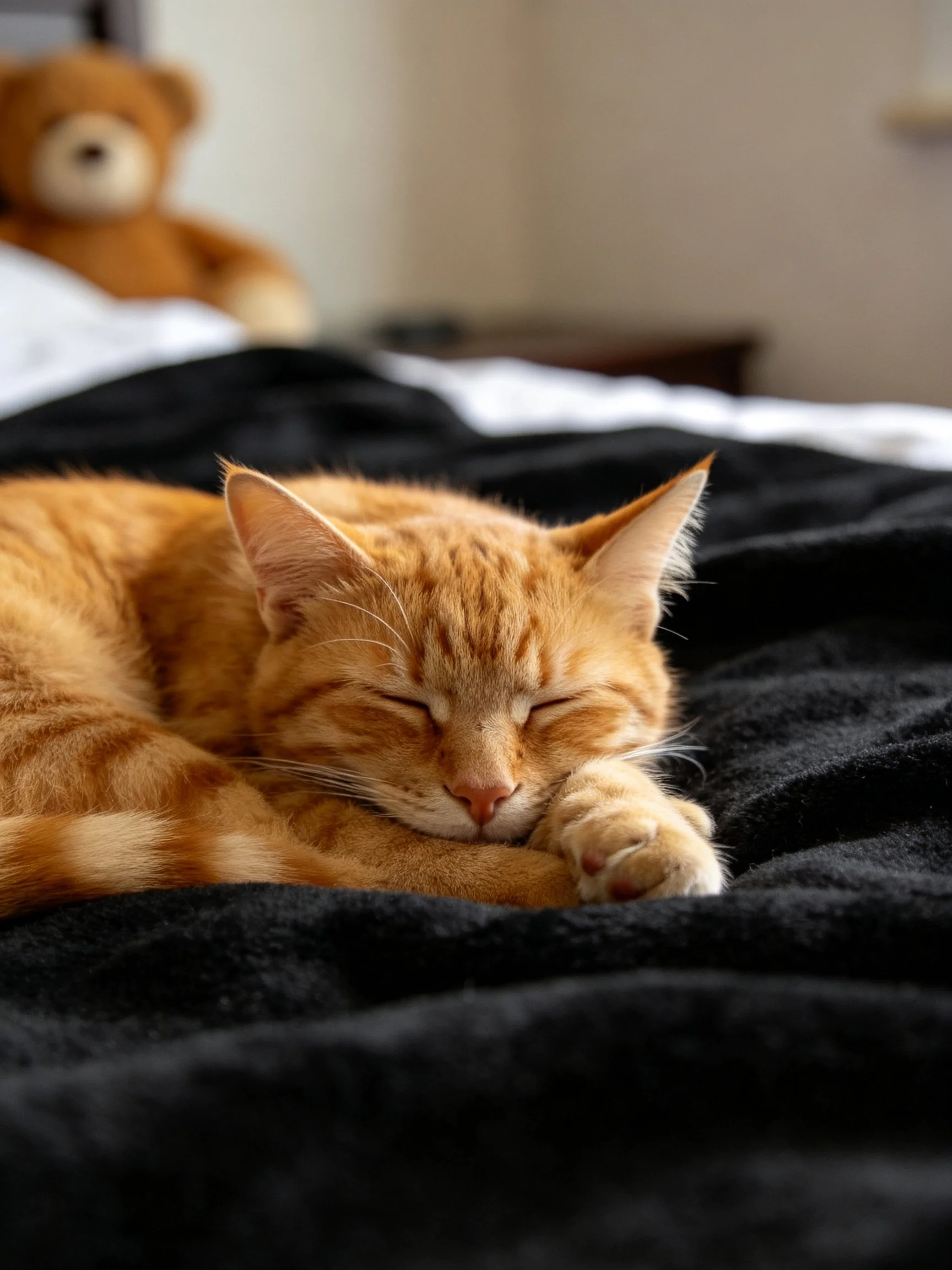 An orange tabby cat rests on a black blanket with a brown teddy bear in the background.