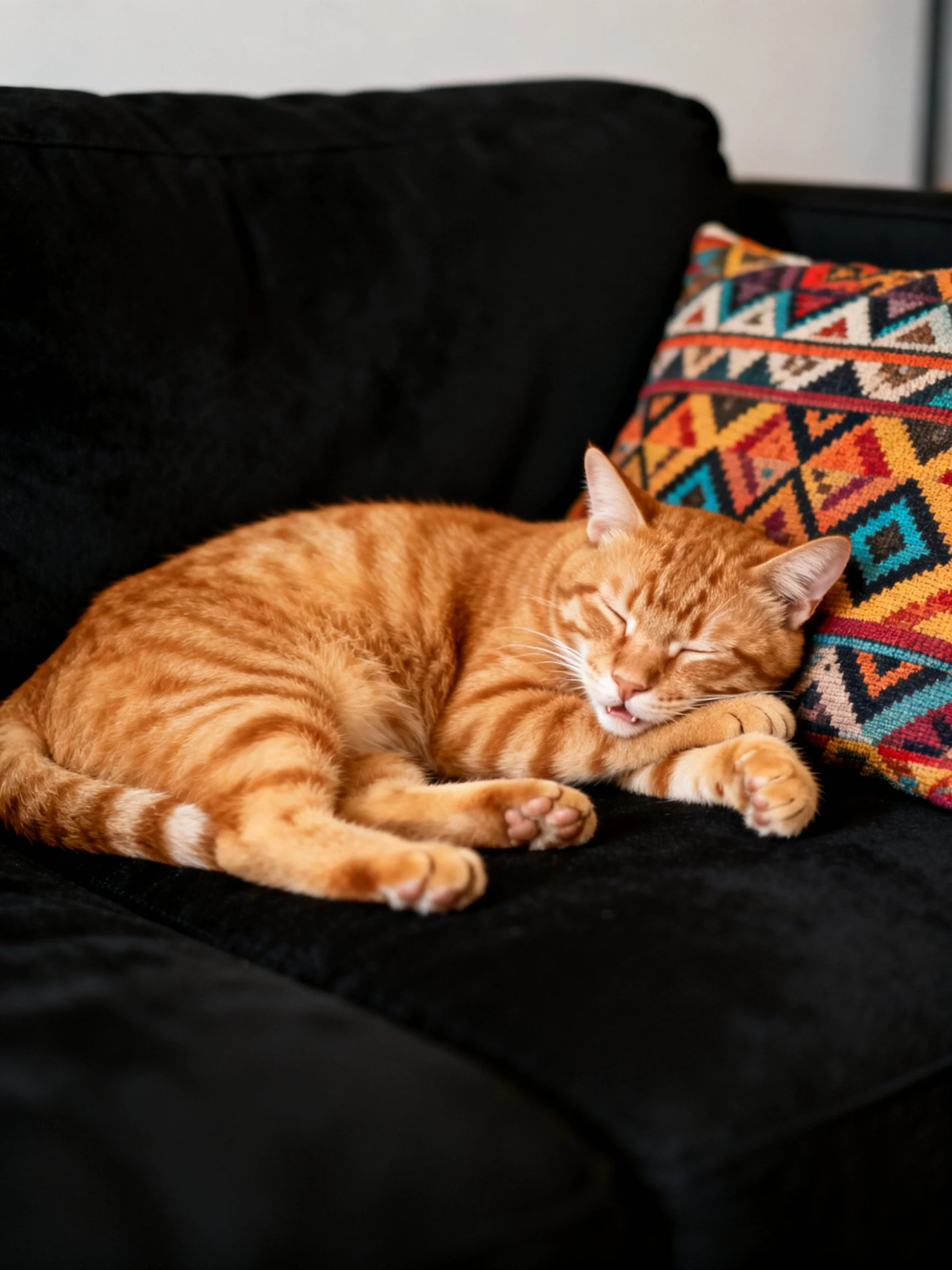 An orange tabby cat rests on a black couch near a decorative pillow.