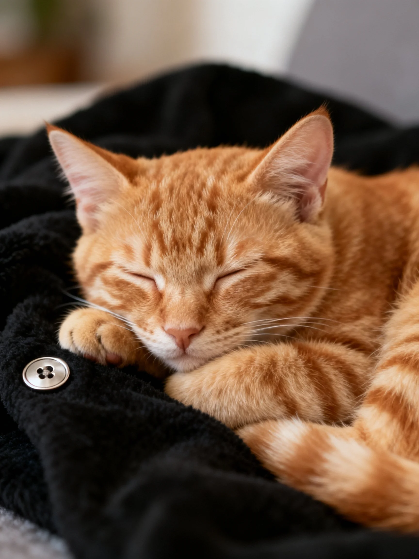 An orange tabby cat sleeps peacefully on a black fabric with a silver button.