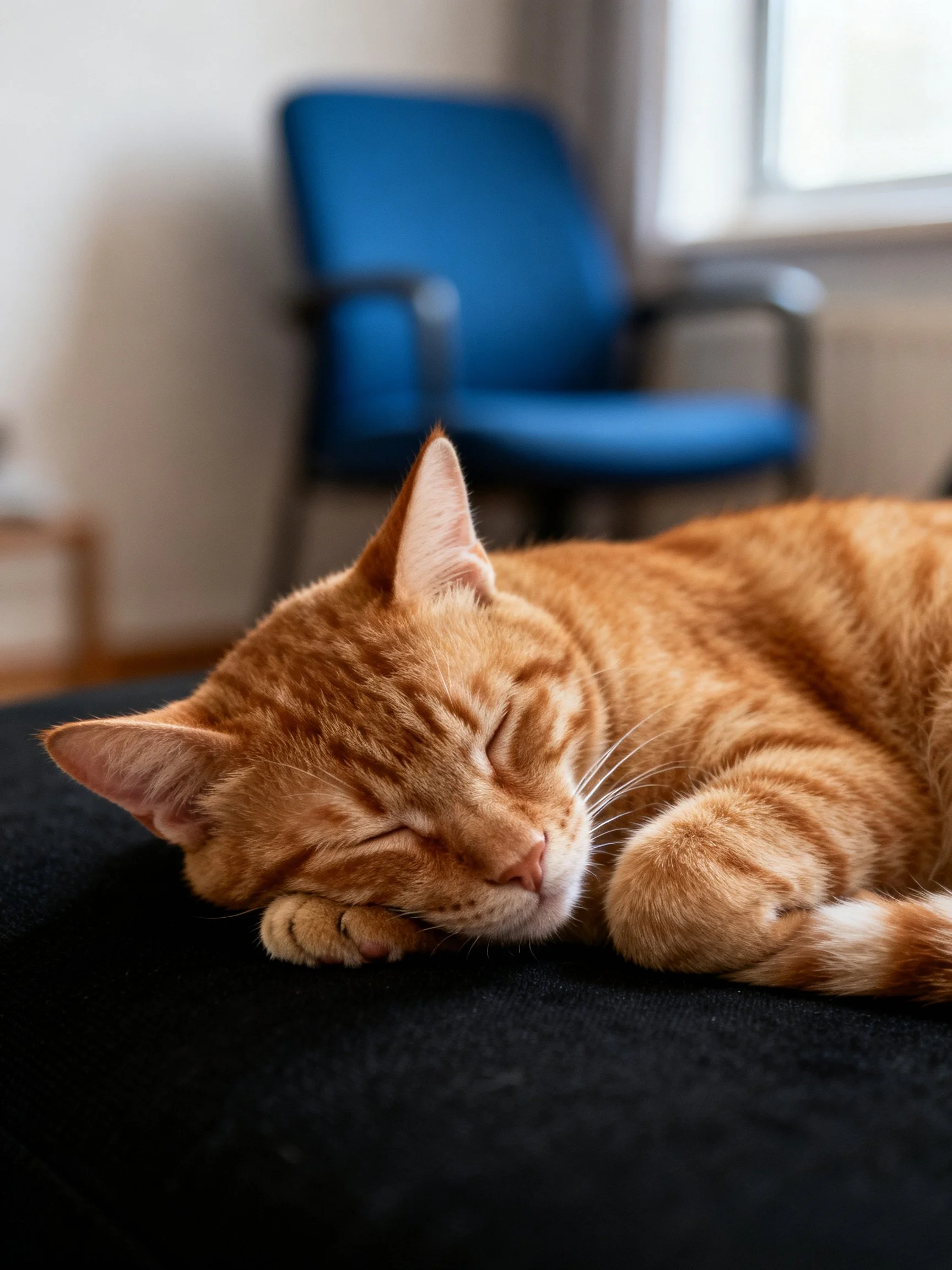 An orange tabby cat sleeps on a dark surface with a blue chair nearby.