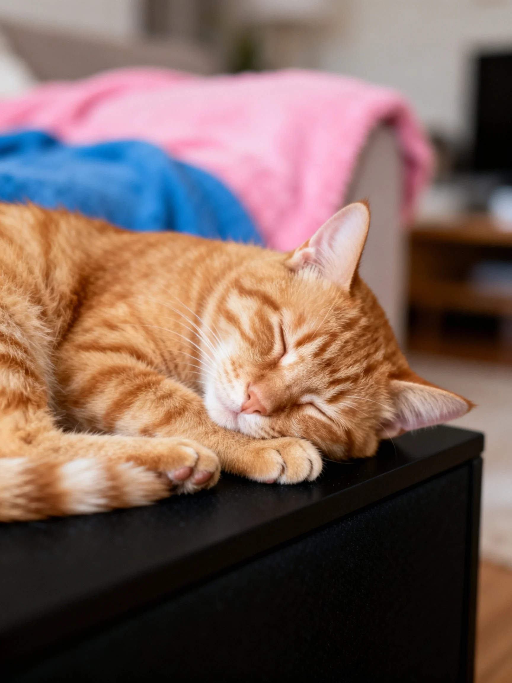 An orange tabby cat sleeps peacefully on a black surface with colorful blankets in the background.