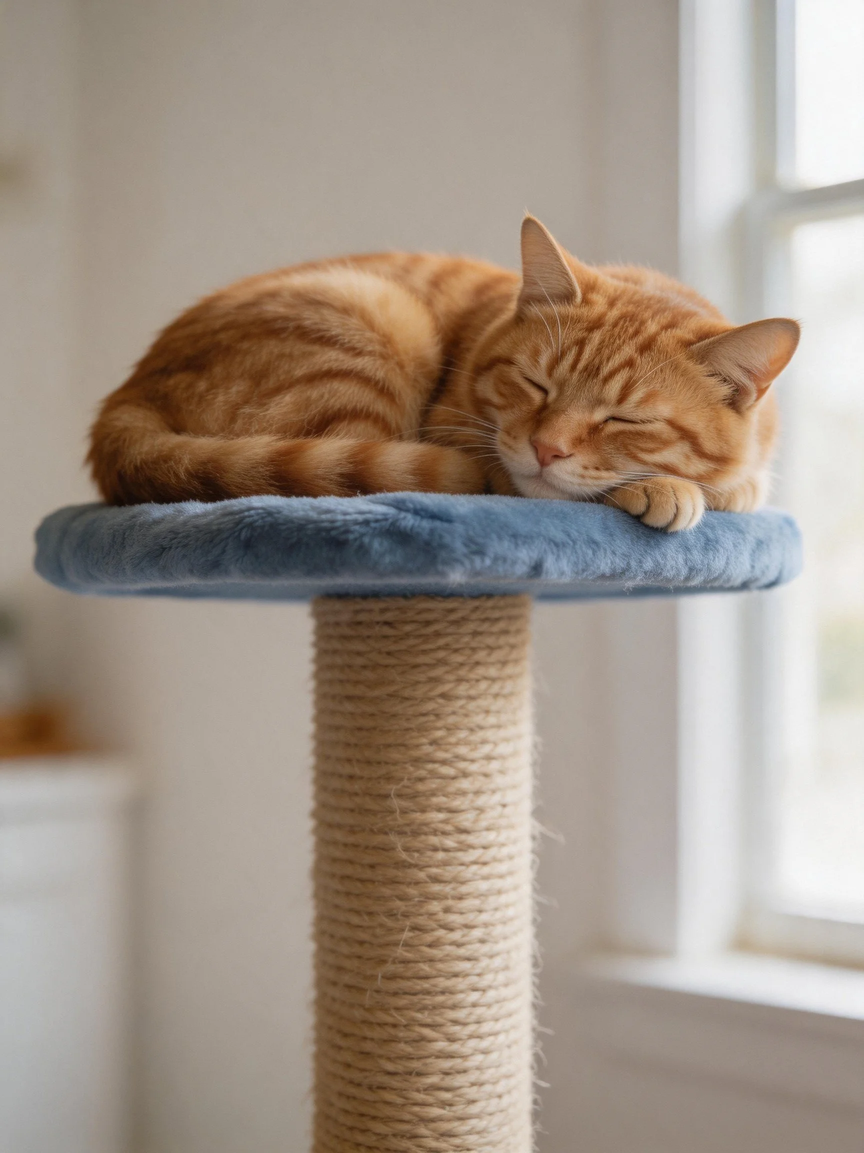 An orange tabby cat sleeps on a blue cat tree near a window