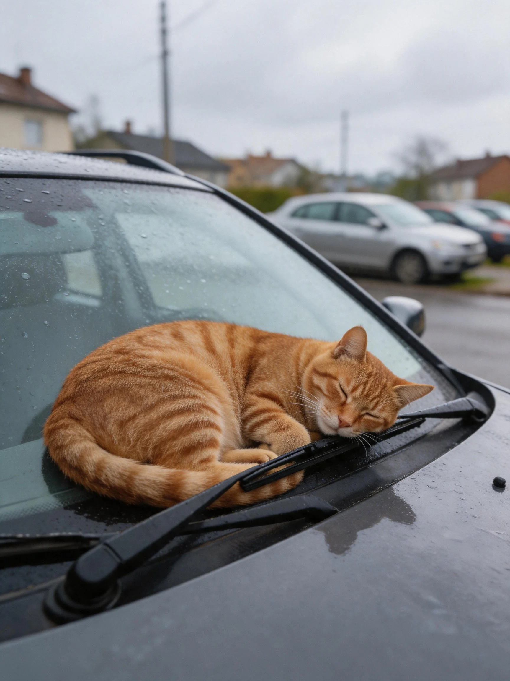 An orange tabby cat rests on a cars wet windshield in a residential area.