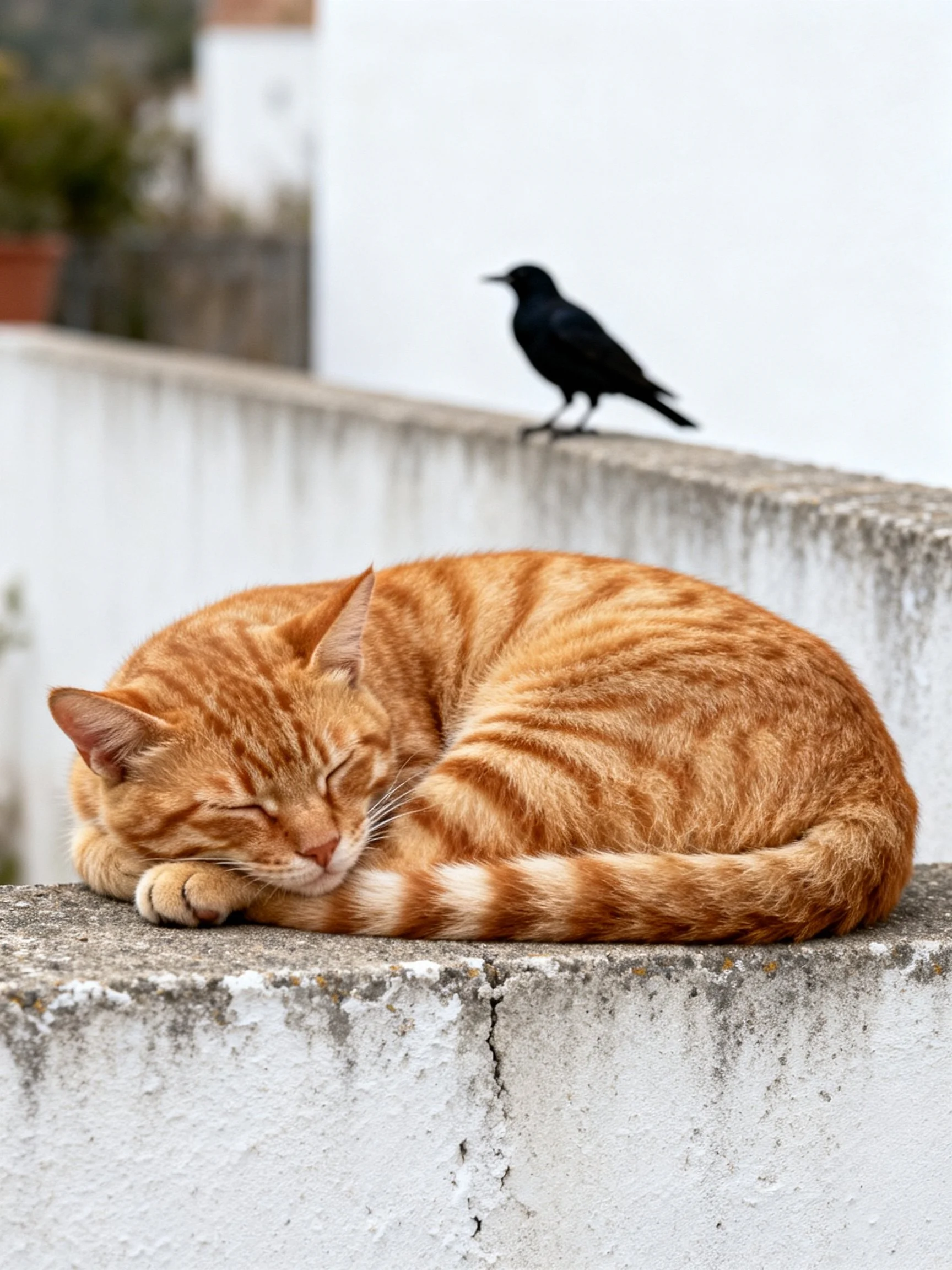 An orange tabby cat sleeps on a concrete ledge with a black bird nearby
