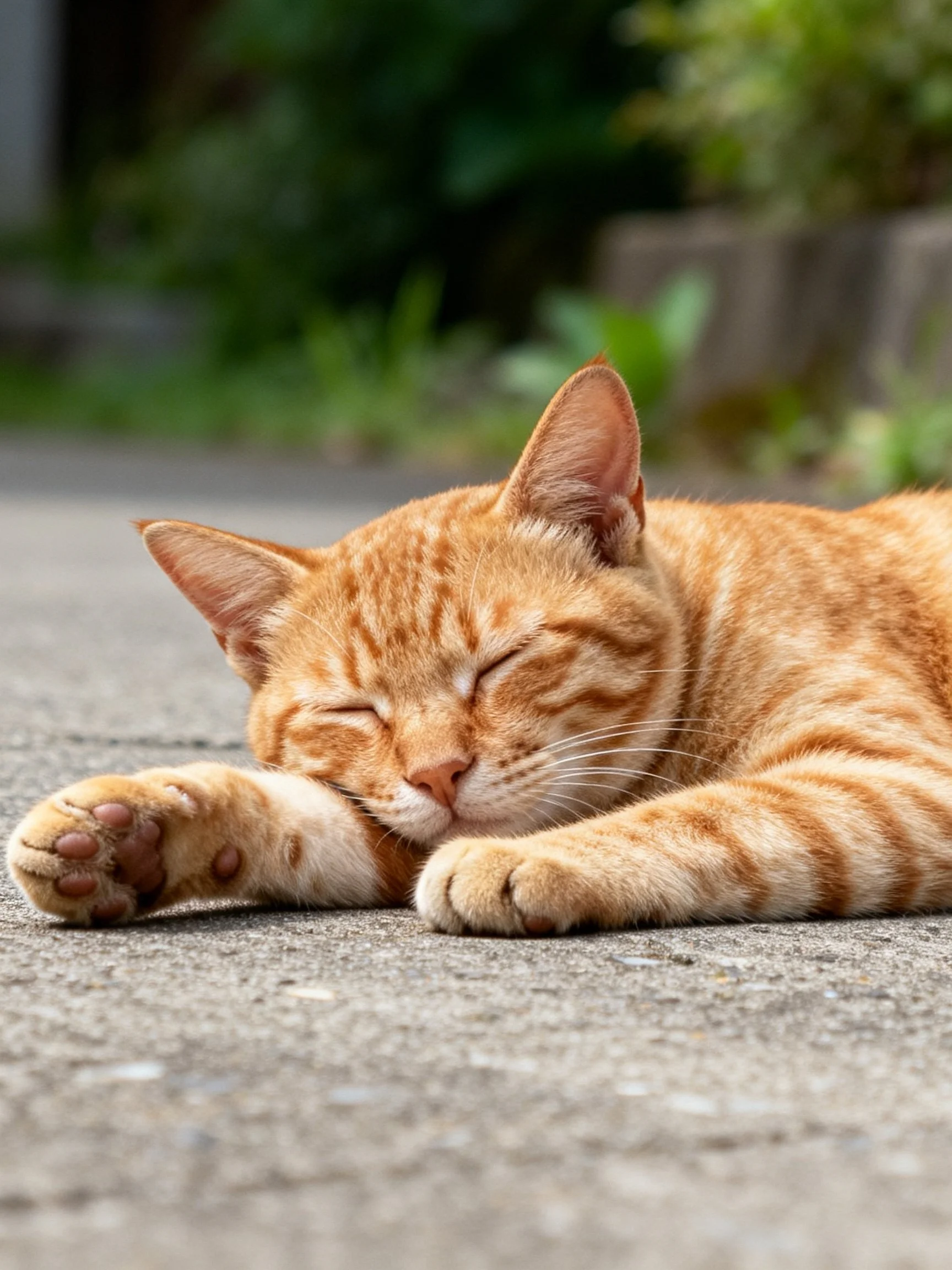 An orange tabby cat sleeps on a concrete outdoor surface