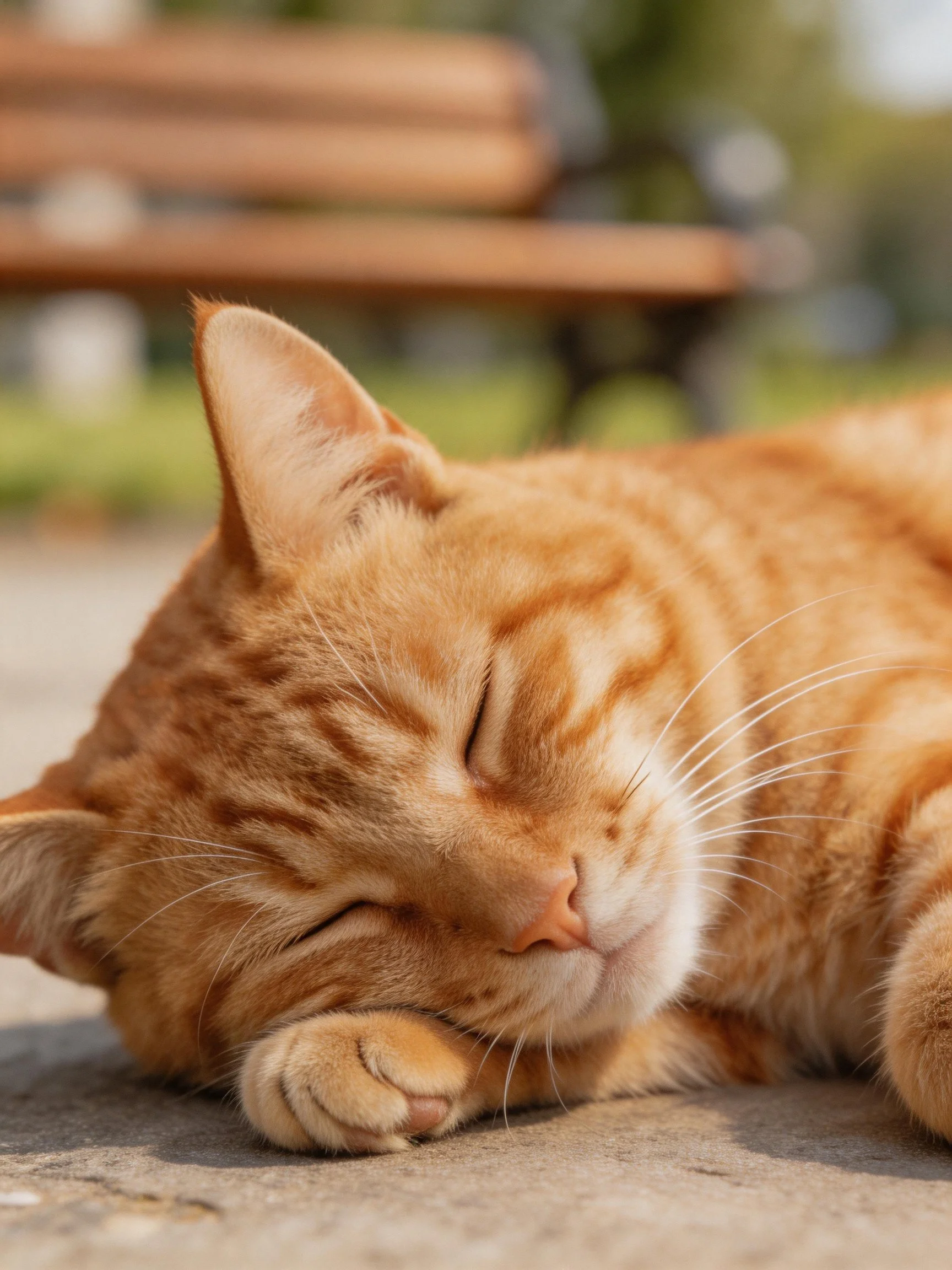 An orange tabby cat sleeps on a concrete surface near a bench