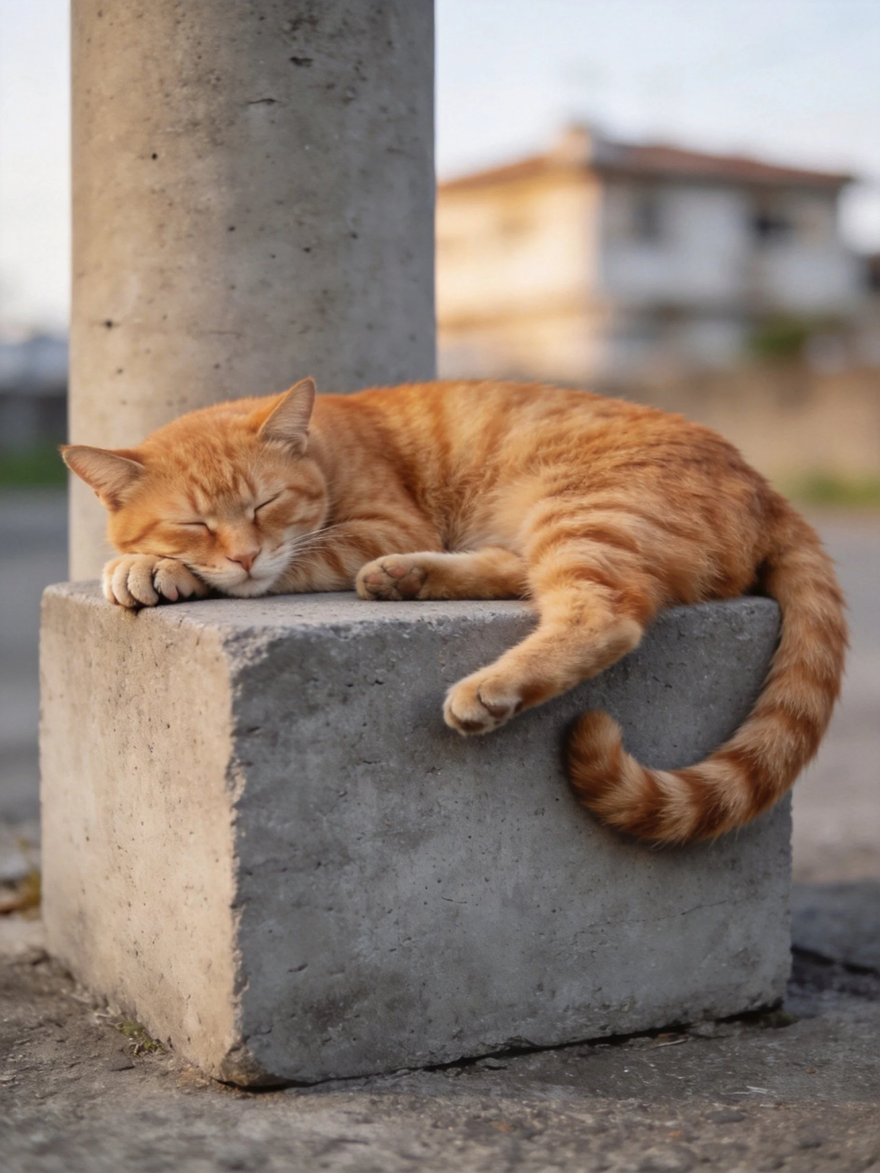 An orange tabby cat rests on a gray concrete block outdoors.