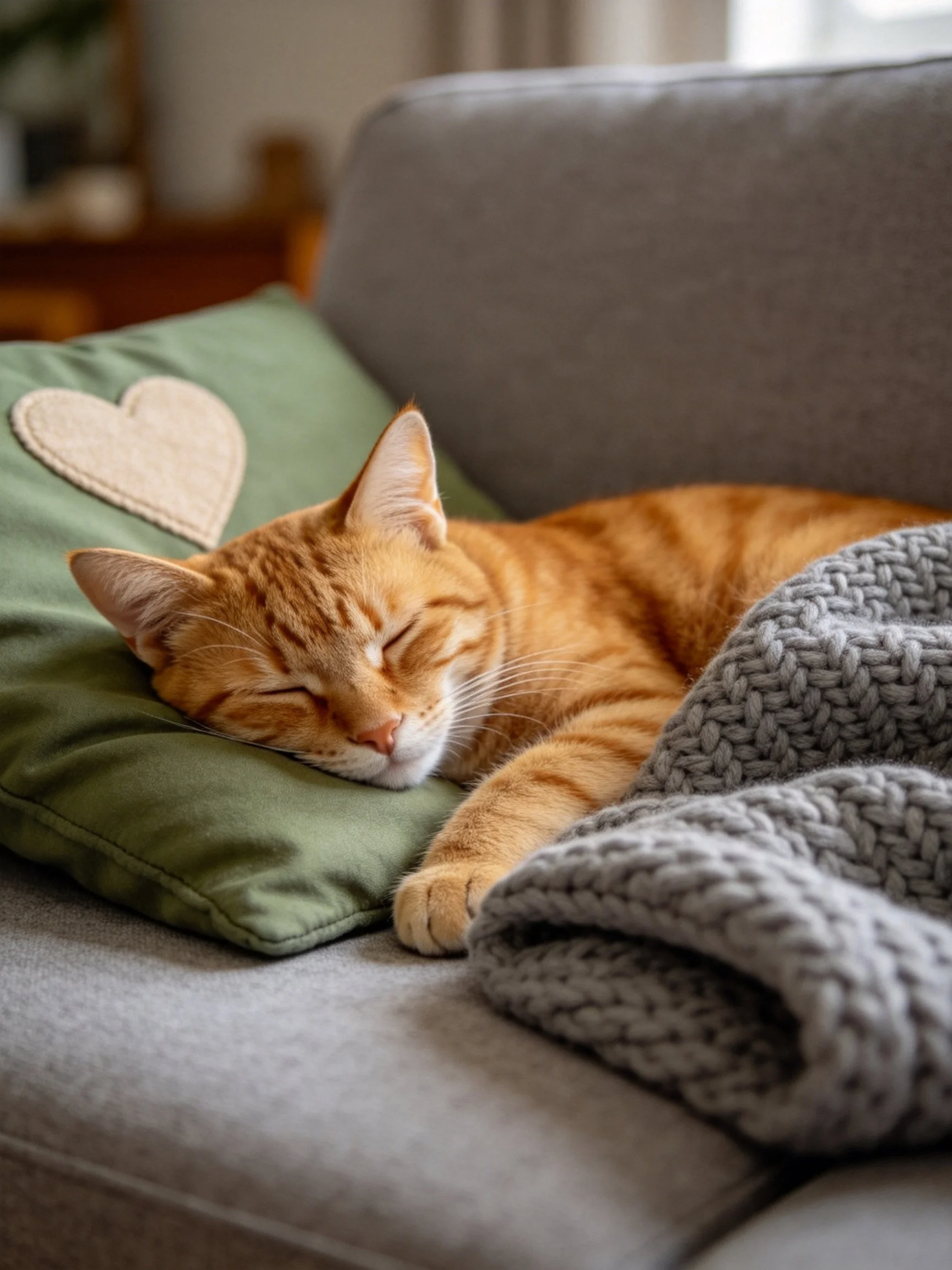 An orange tabby cat sleeps on a green pillow with a gray blanket.