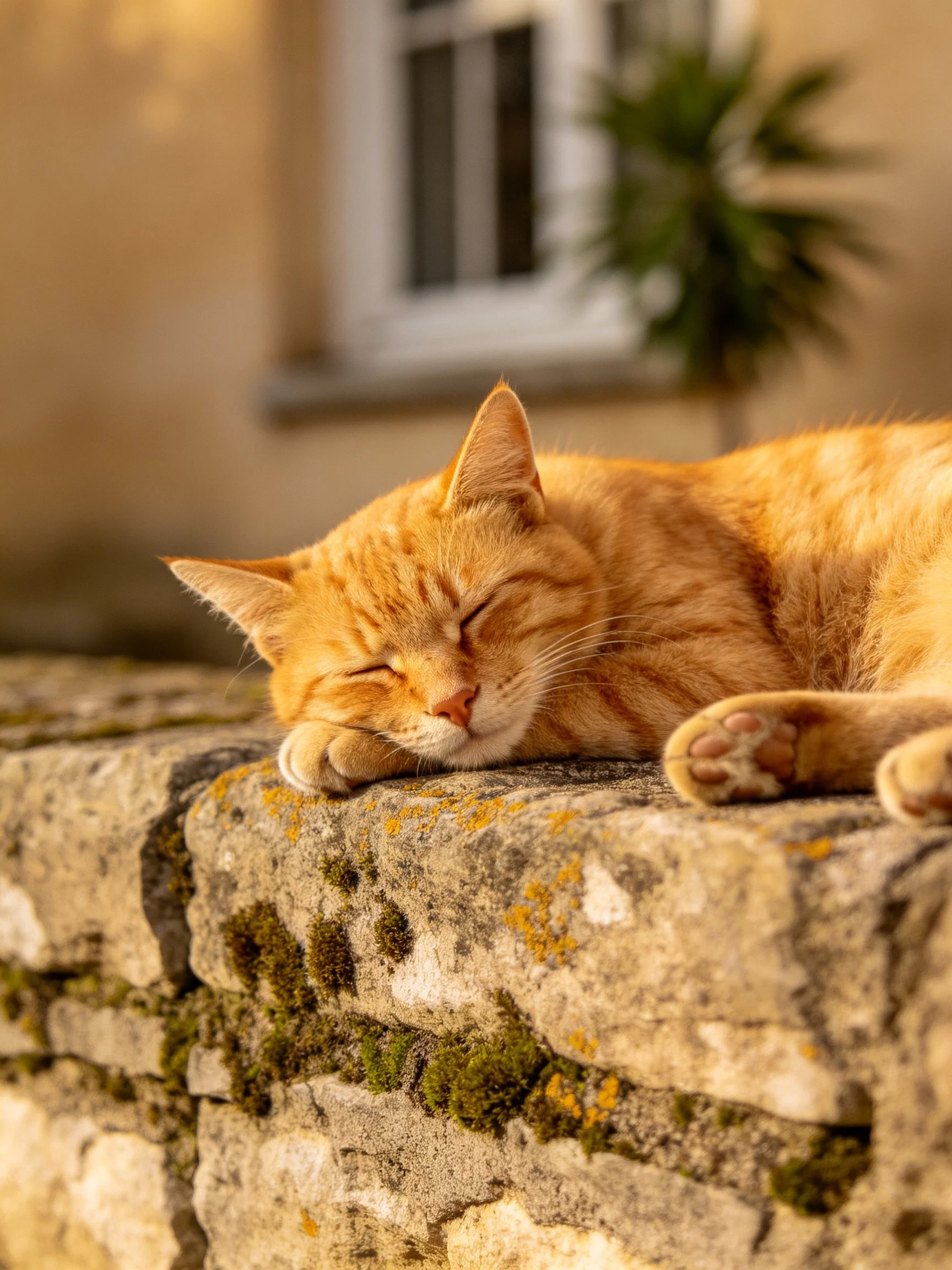 An orange tabby cat sleeps on a moss-covered stone wall
