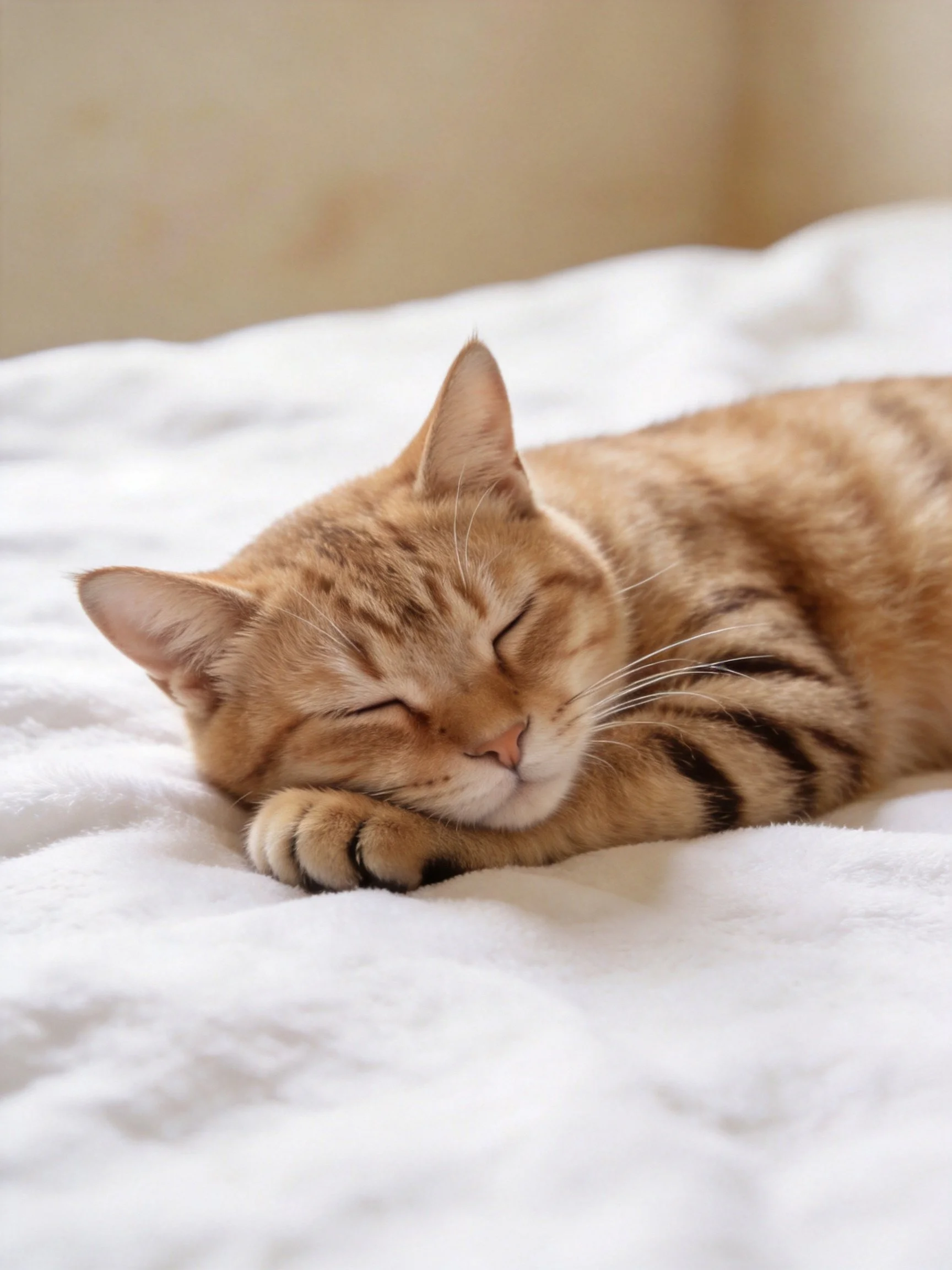 An orange tabby cat sleeps on a plush white bedspread