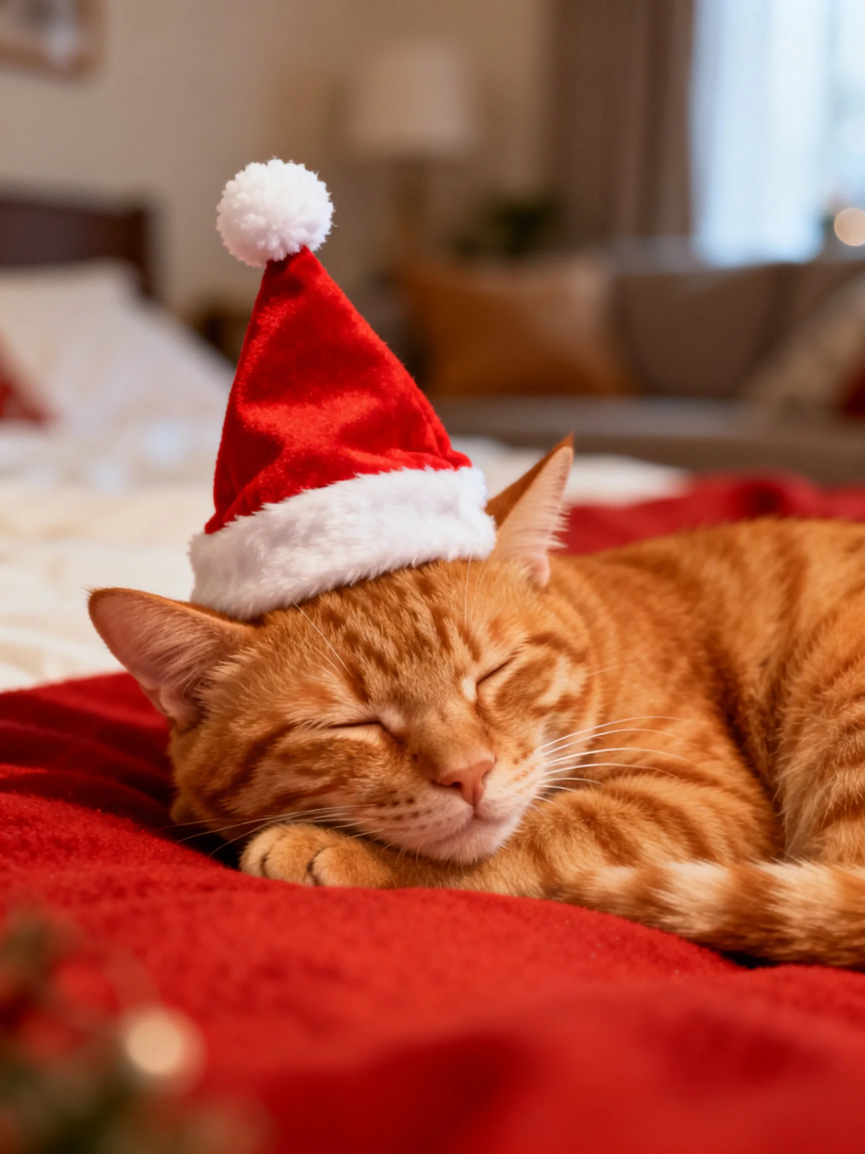 An orangetabby cat wears a Santa hat while sleeping on a red blanket
