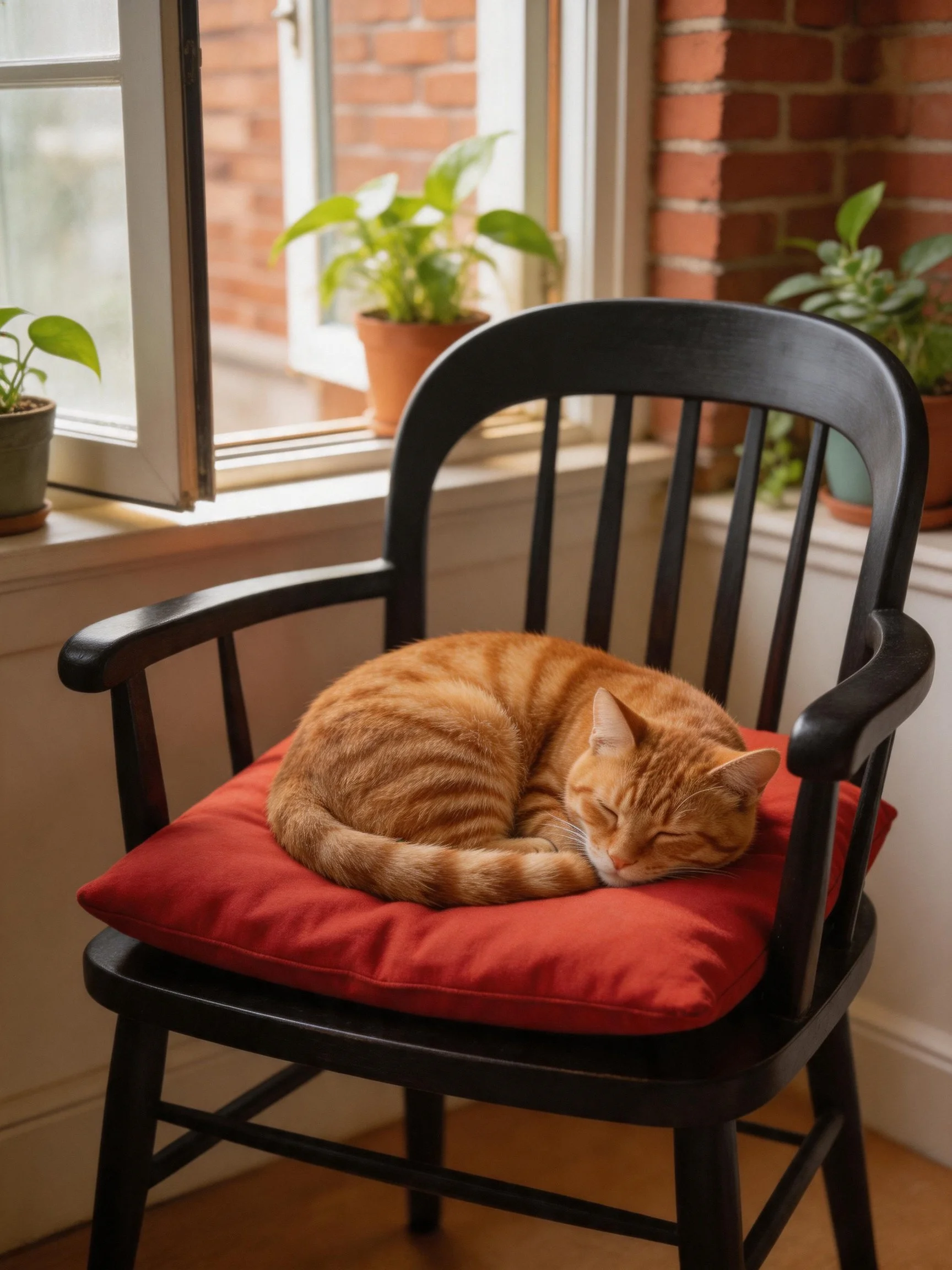 An orange cat naps on a red cushioned chair in a cozy room with brick walls and windows