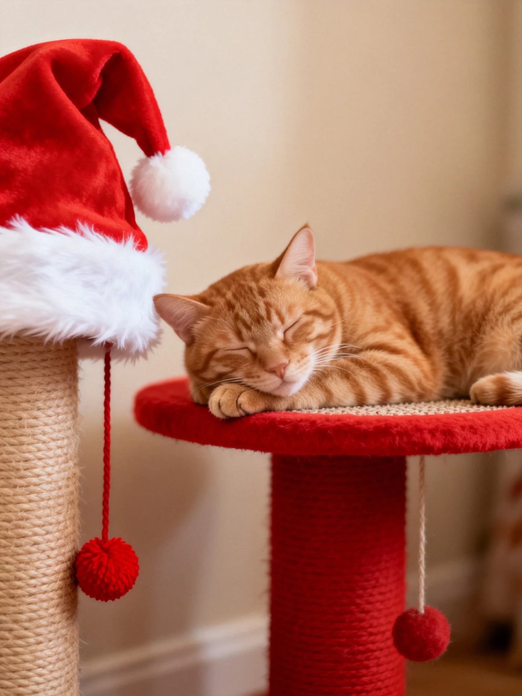 An orange tabby cat rests near a red Santa hat on a red surface.