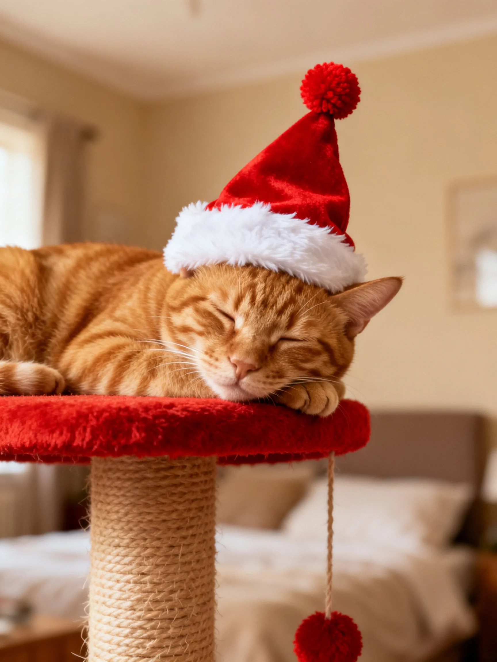 An orange tabby cat naps on a red platform while wearing a Santa hat