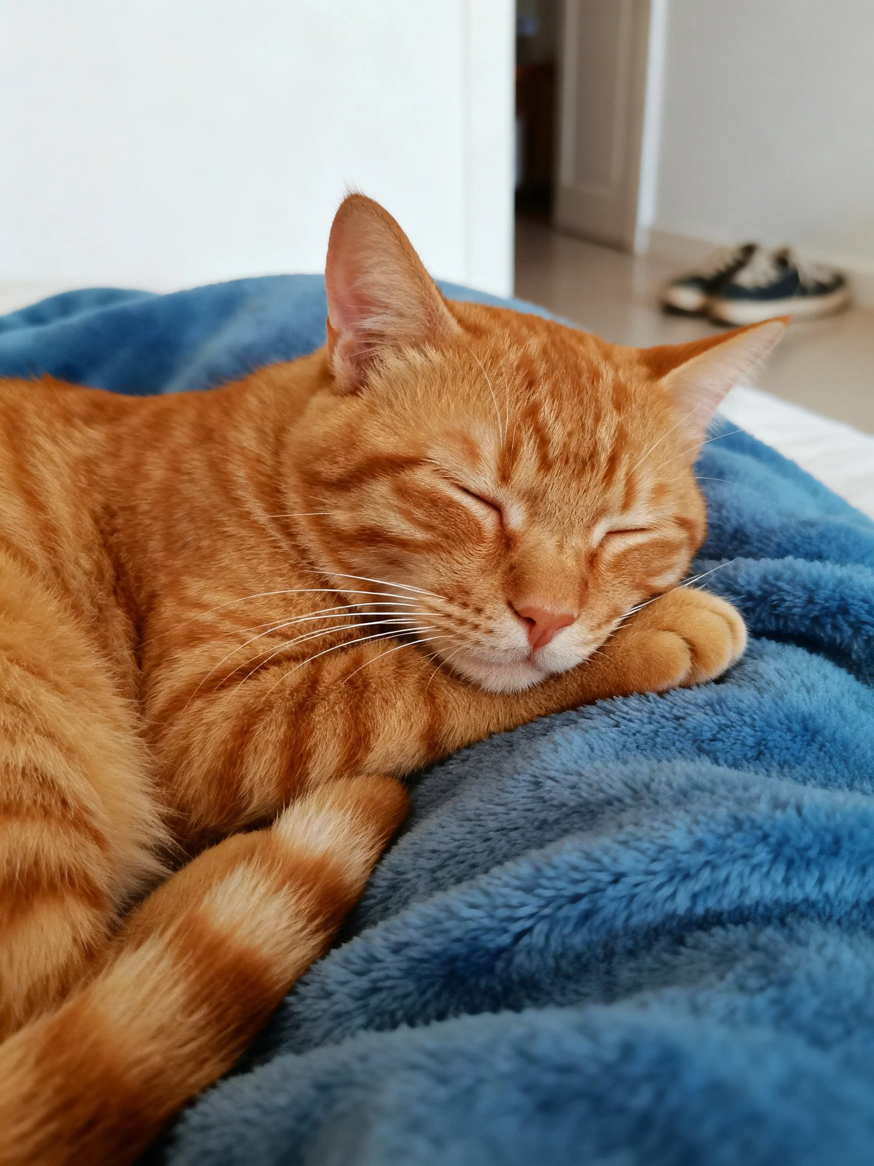An orange tabby cat rests on a soft blue blanket indoors