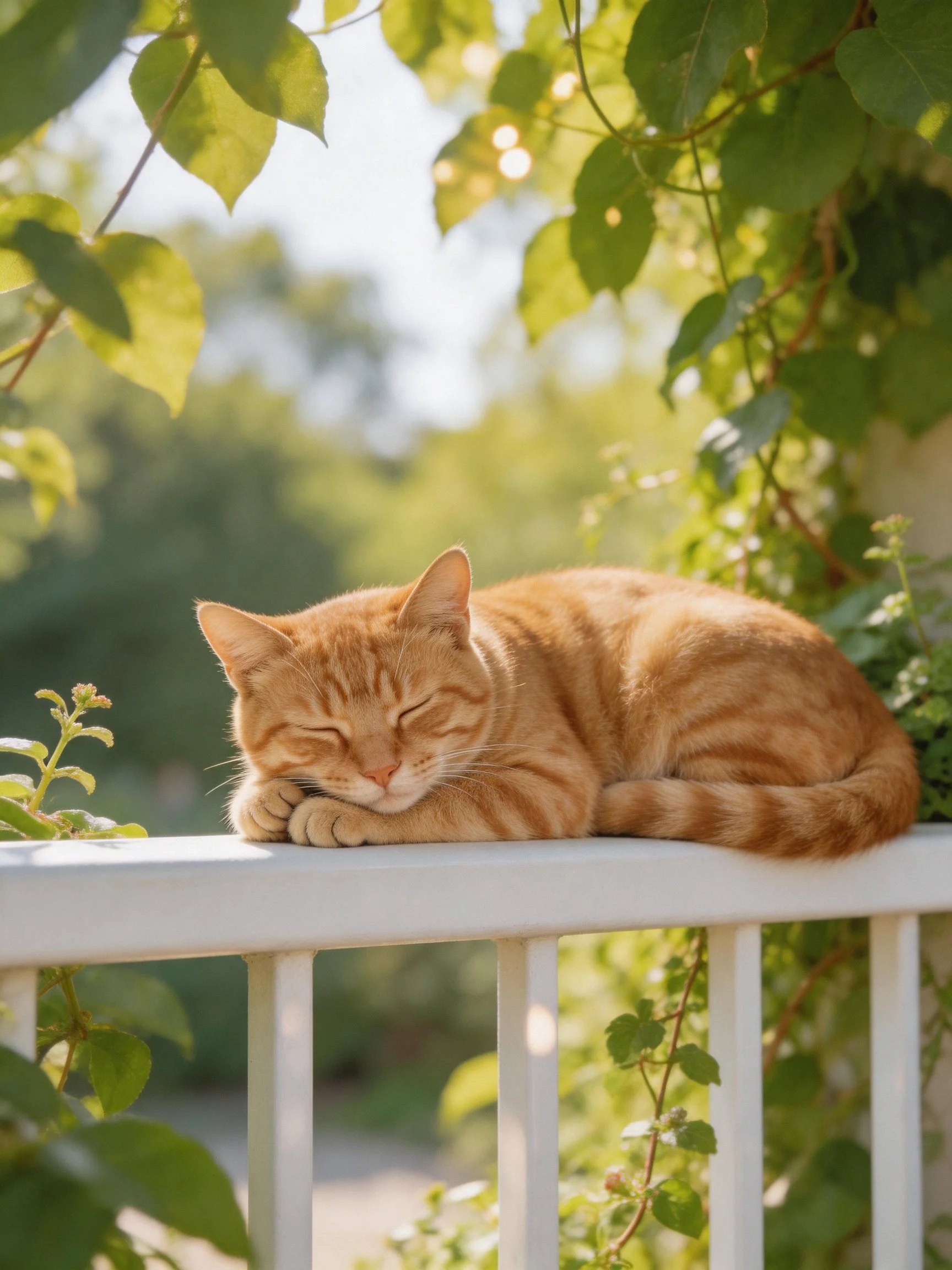 An orange tabby cat rests on a white railing amidst lush greenery.