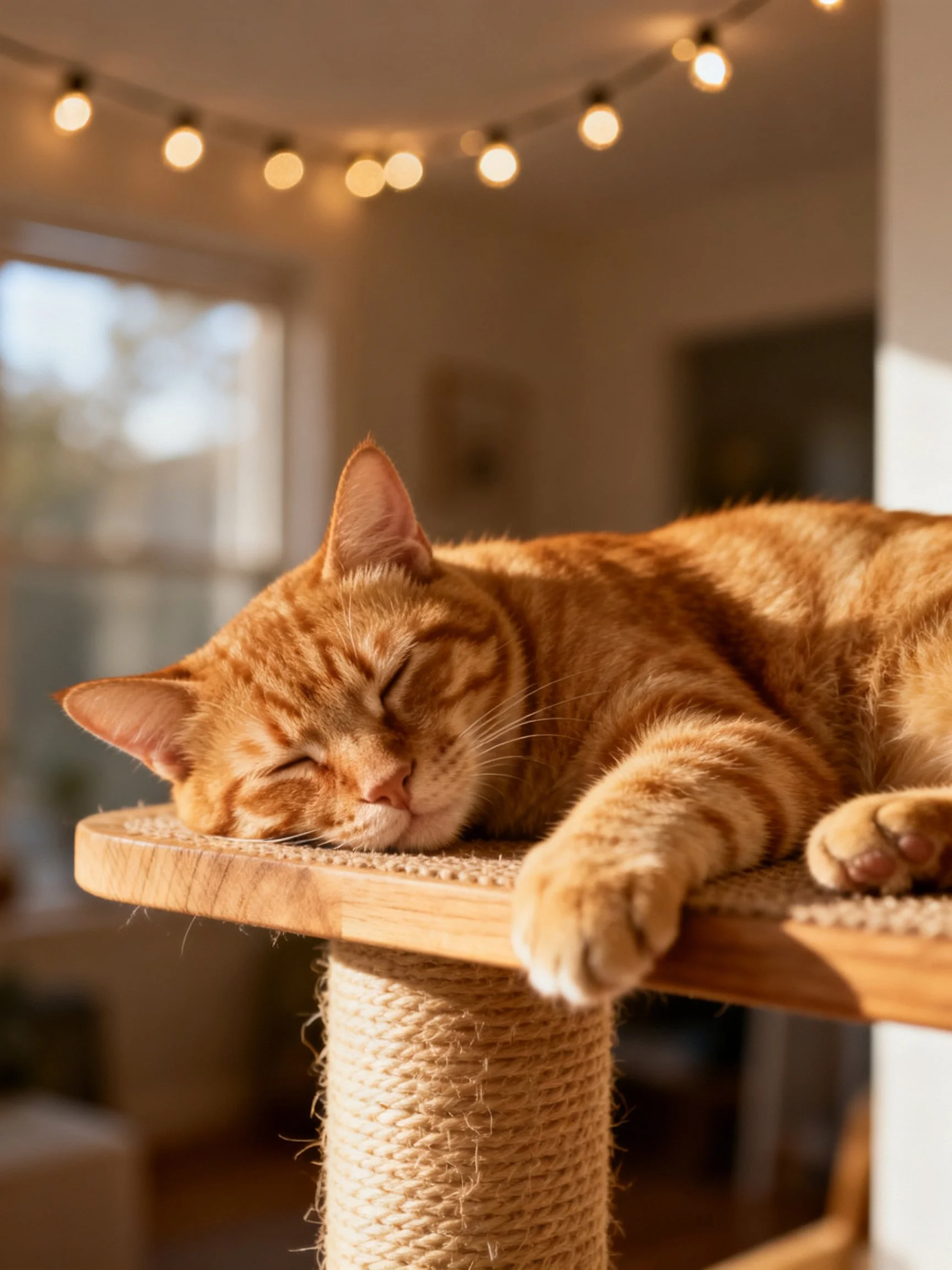 An orange tabby cat rests on a wooden cat tree in a warmly lit room.
