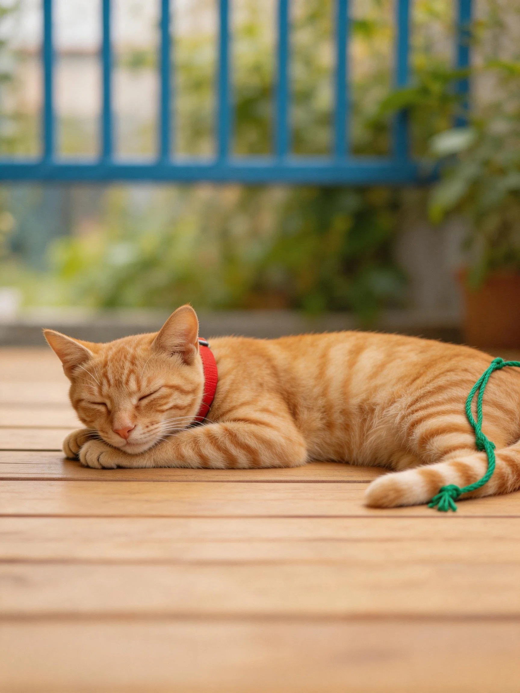 An orange tabby cat rests on a wooden deck wearing a red collar