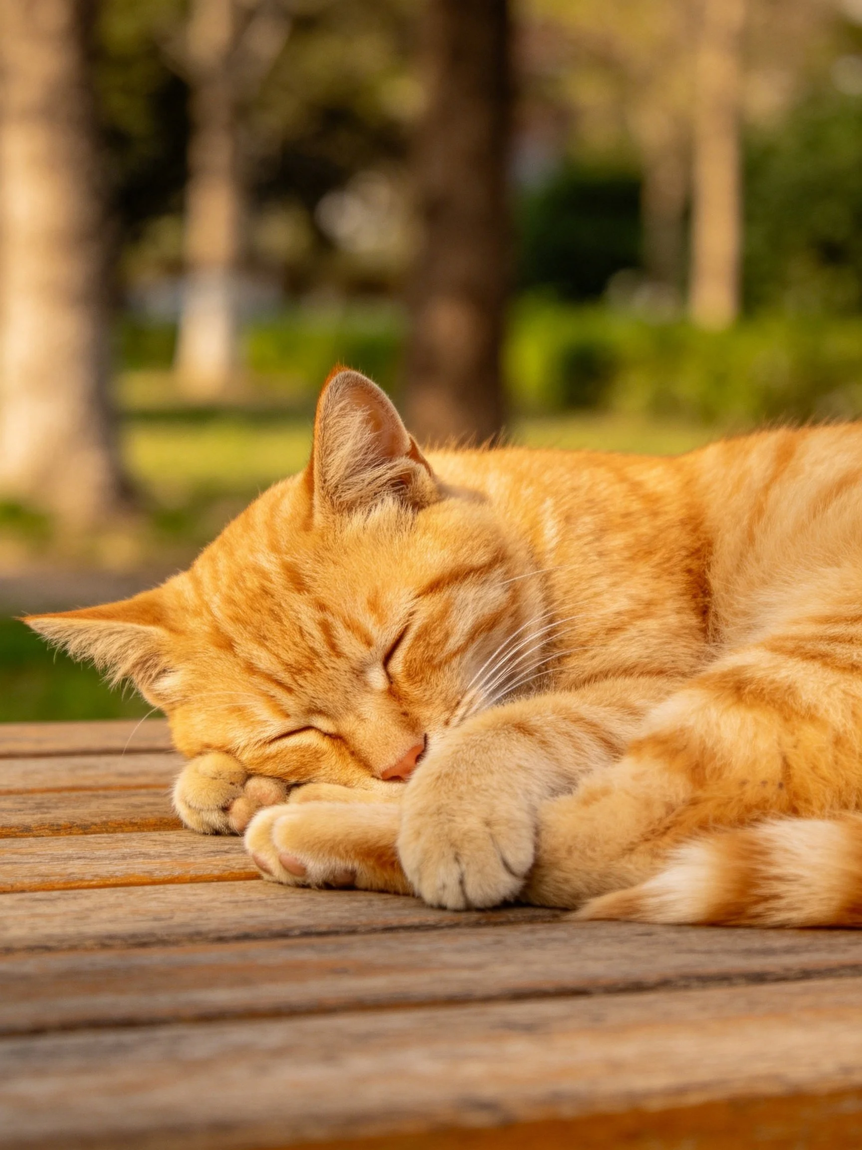 An orange tabby catrests on a wooden table in sunny daylight.