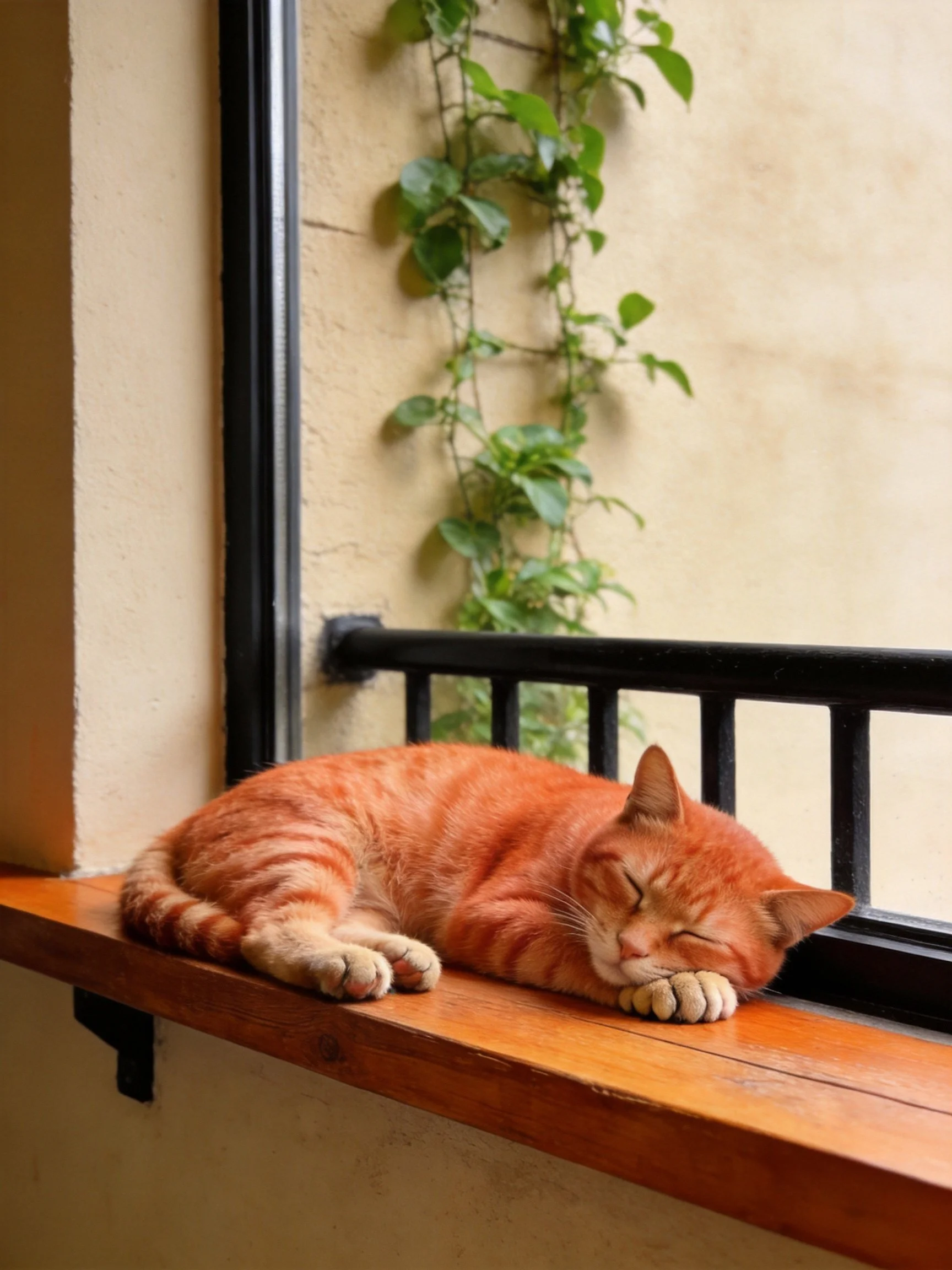 An orange tabby cat sleeps on a wooden windowsill near climbing vines.