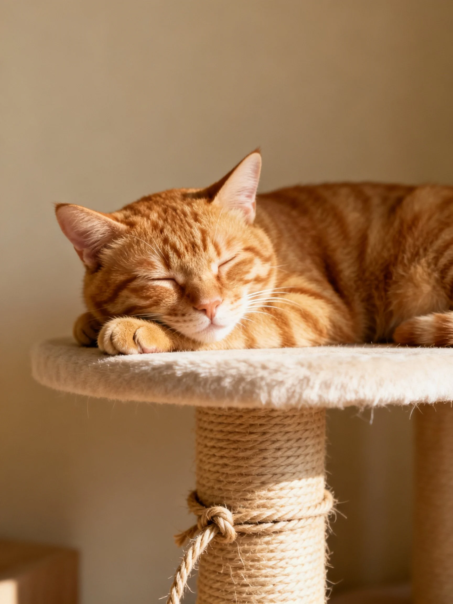 An orange tabby cat rests comfortably on a scratching post