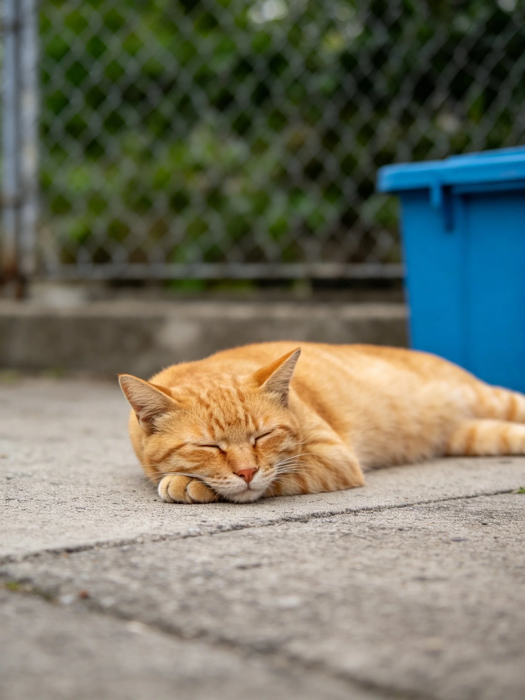 An orange tabby cat sleeps on concrete near a blue container with a chain-link fence
