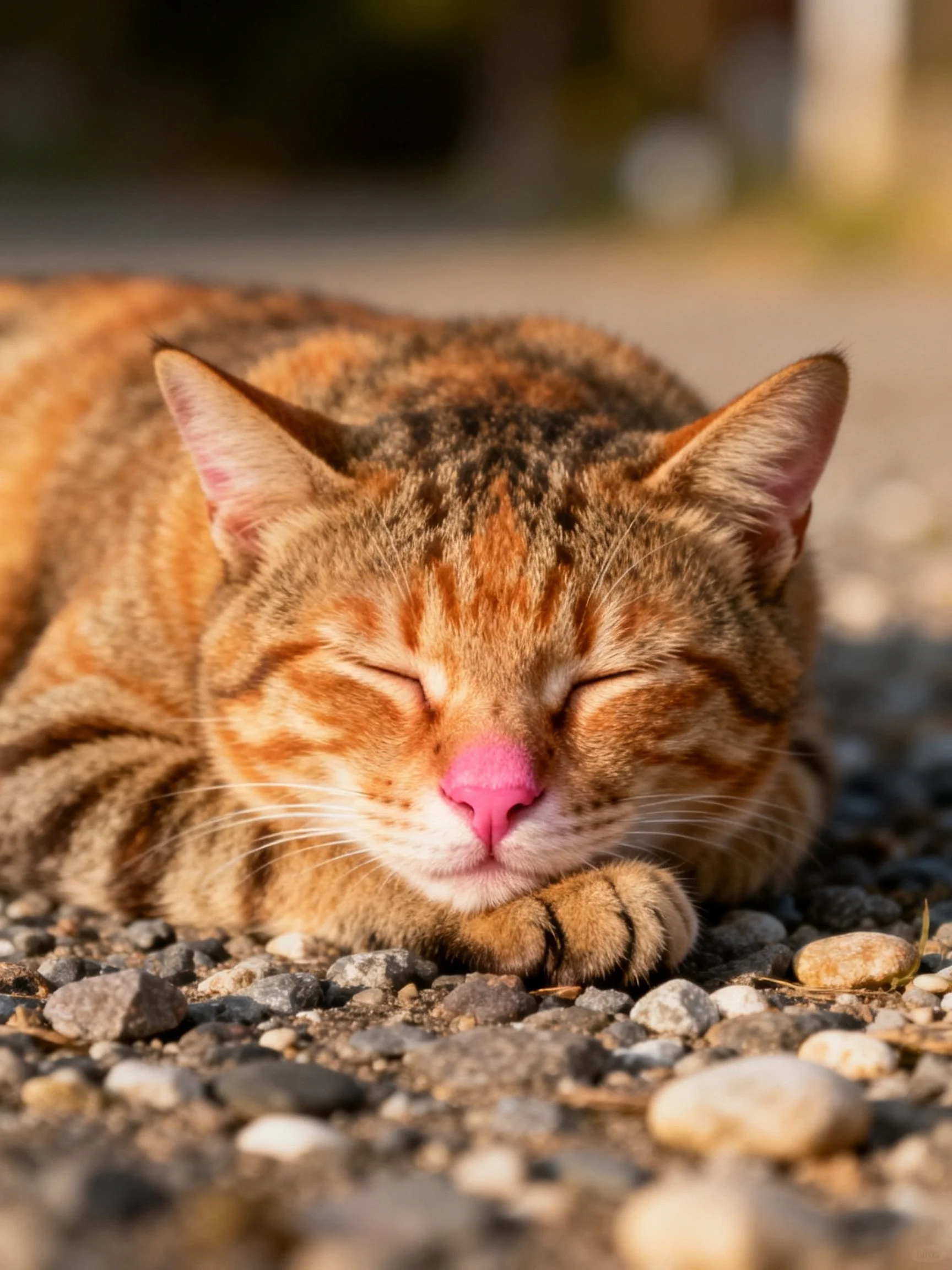 An orange tabby cat sleeps on smooth gravel among small rocks
