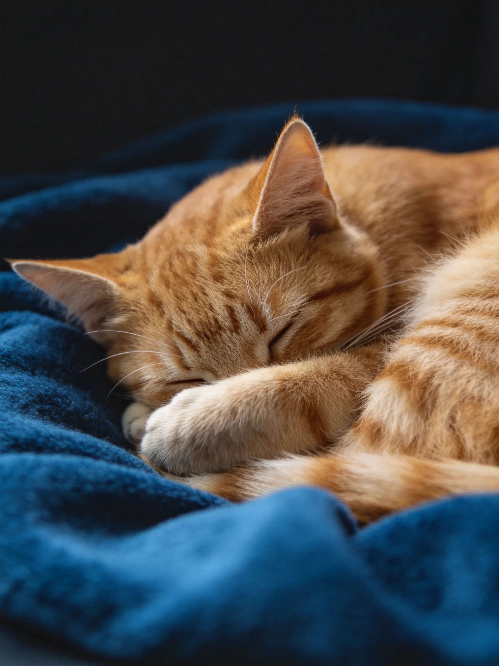 An orange tabby cat sleeps peacefully on a deep blue blanket