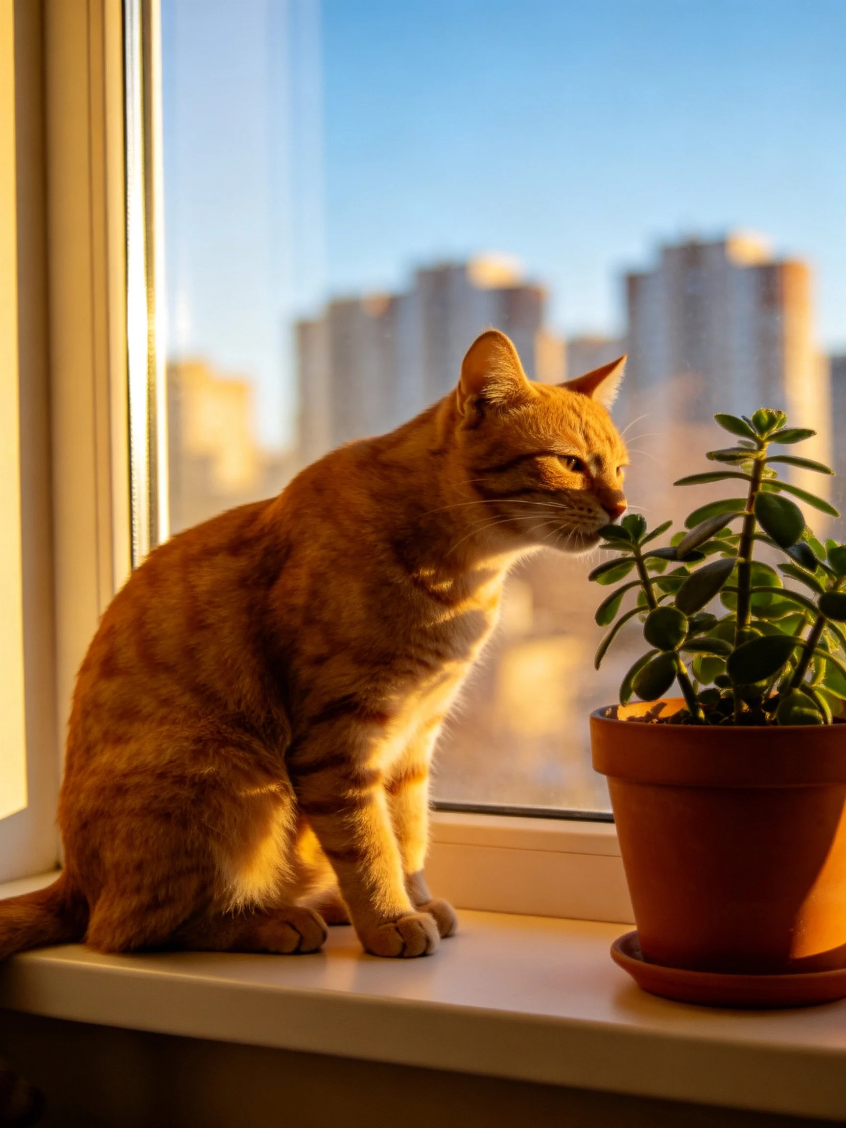 An orange tabby cat sniffs a potted plant on a sunlit windowsill