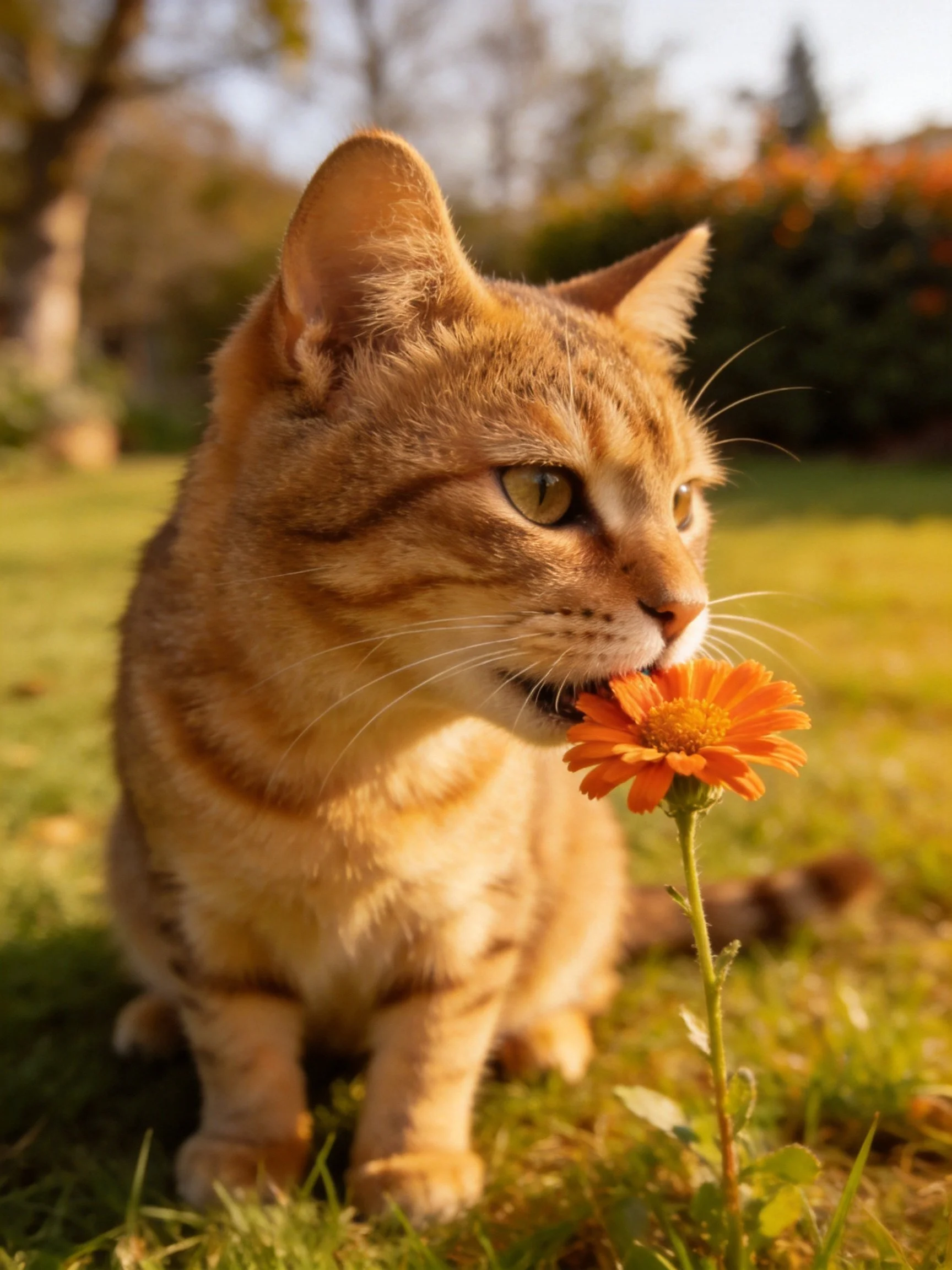 An orange tabby cat sniffs an orange flower in a sunlit garden