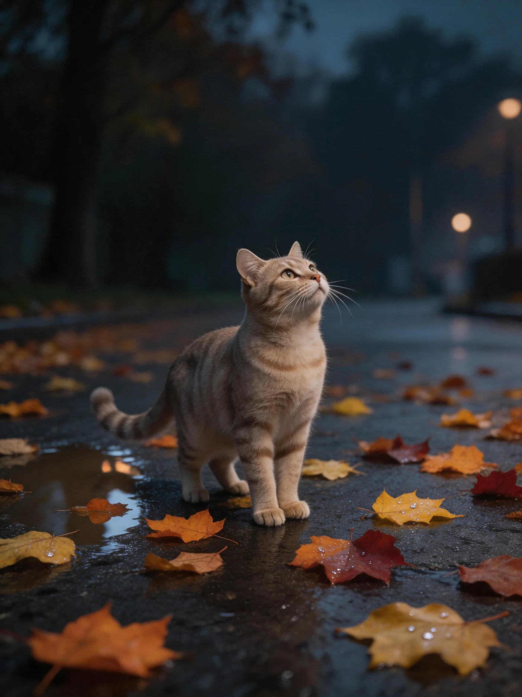 An orange tabby cat explores a wet path with colorful fallen leaves at dusk.