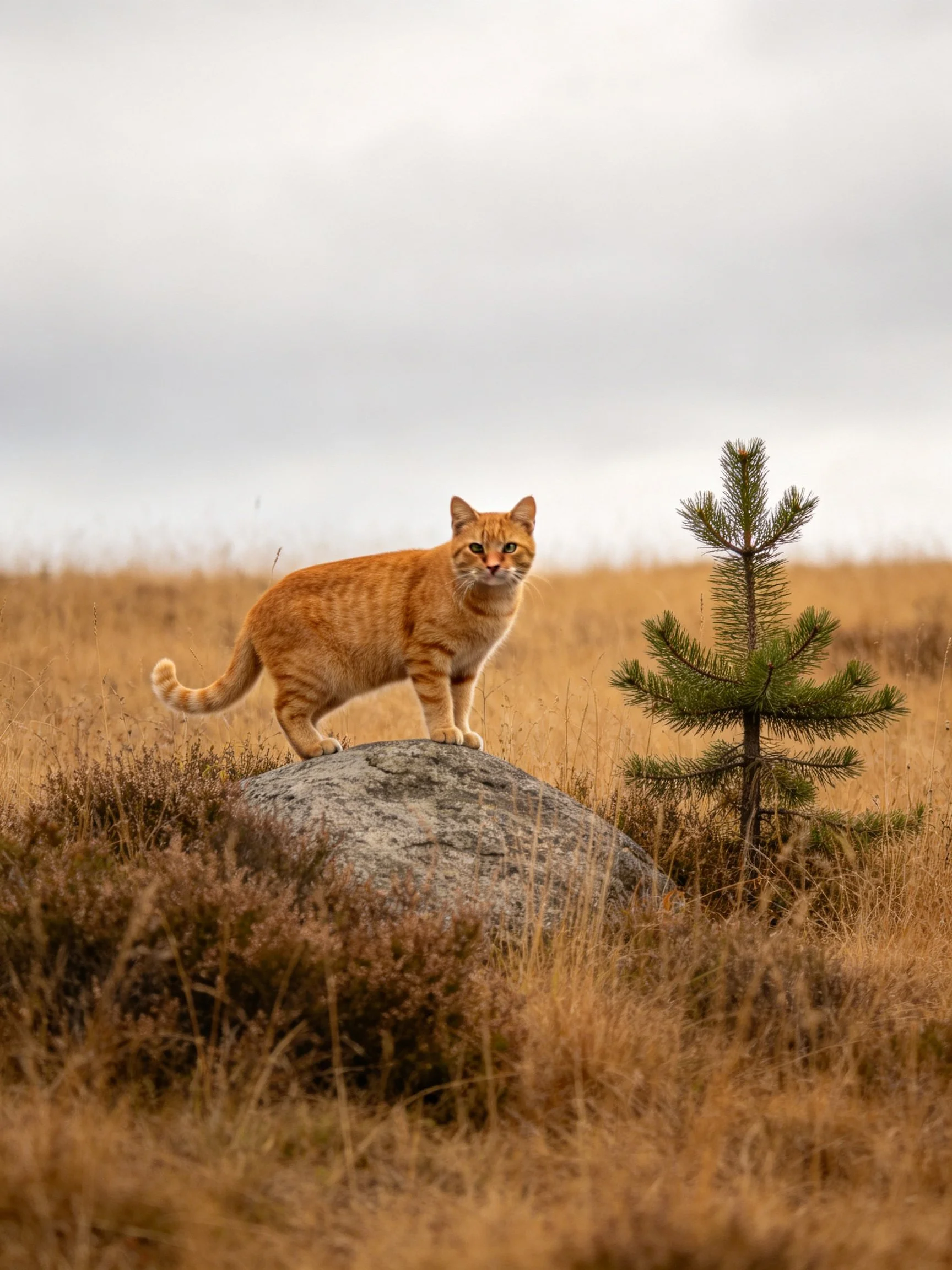 An orange tabby cat stands on a rock next to a small pine tree in an open field.