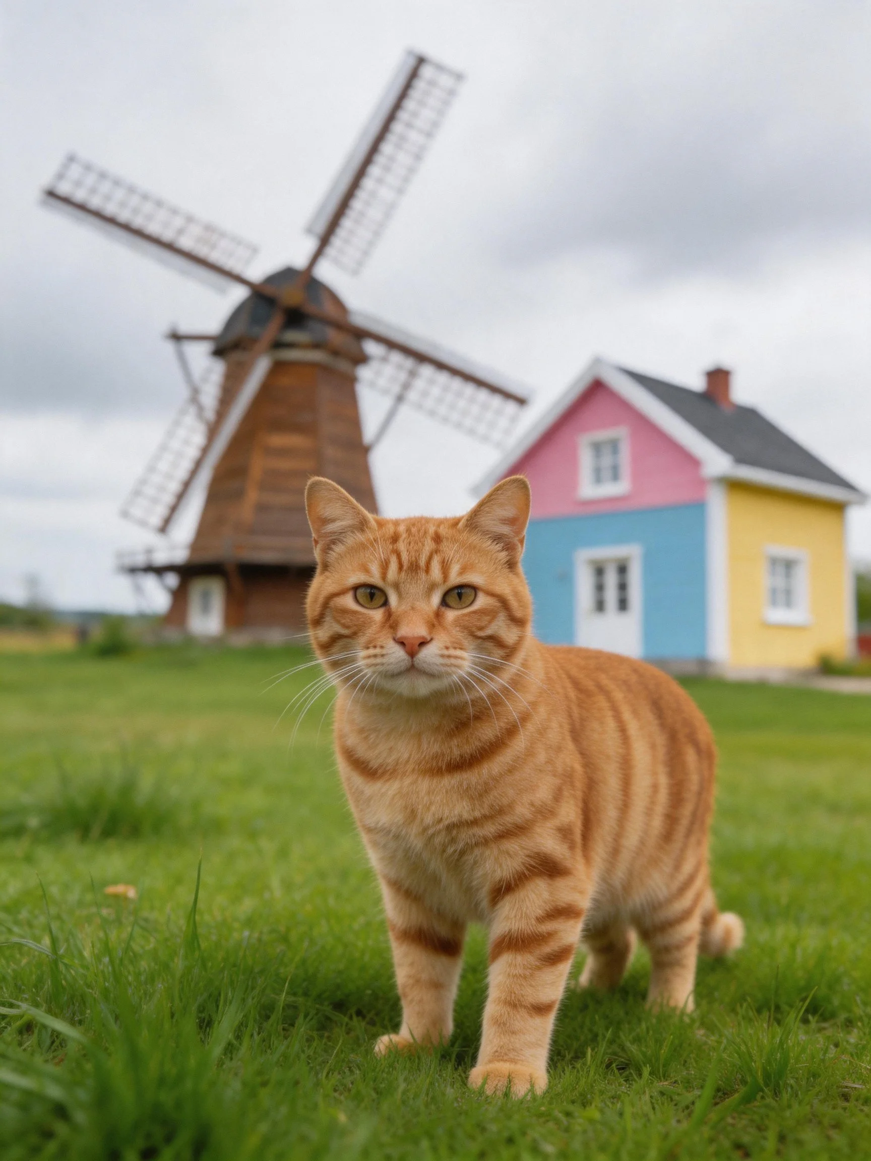 An orange tabby cat stands near a wooden windmill and colorful houses.