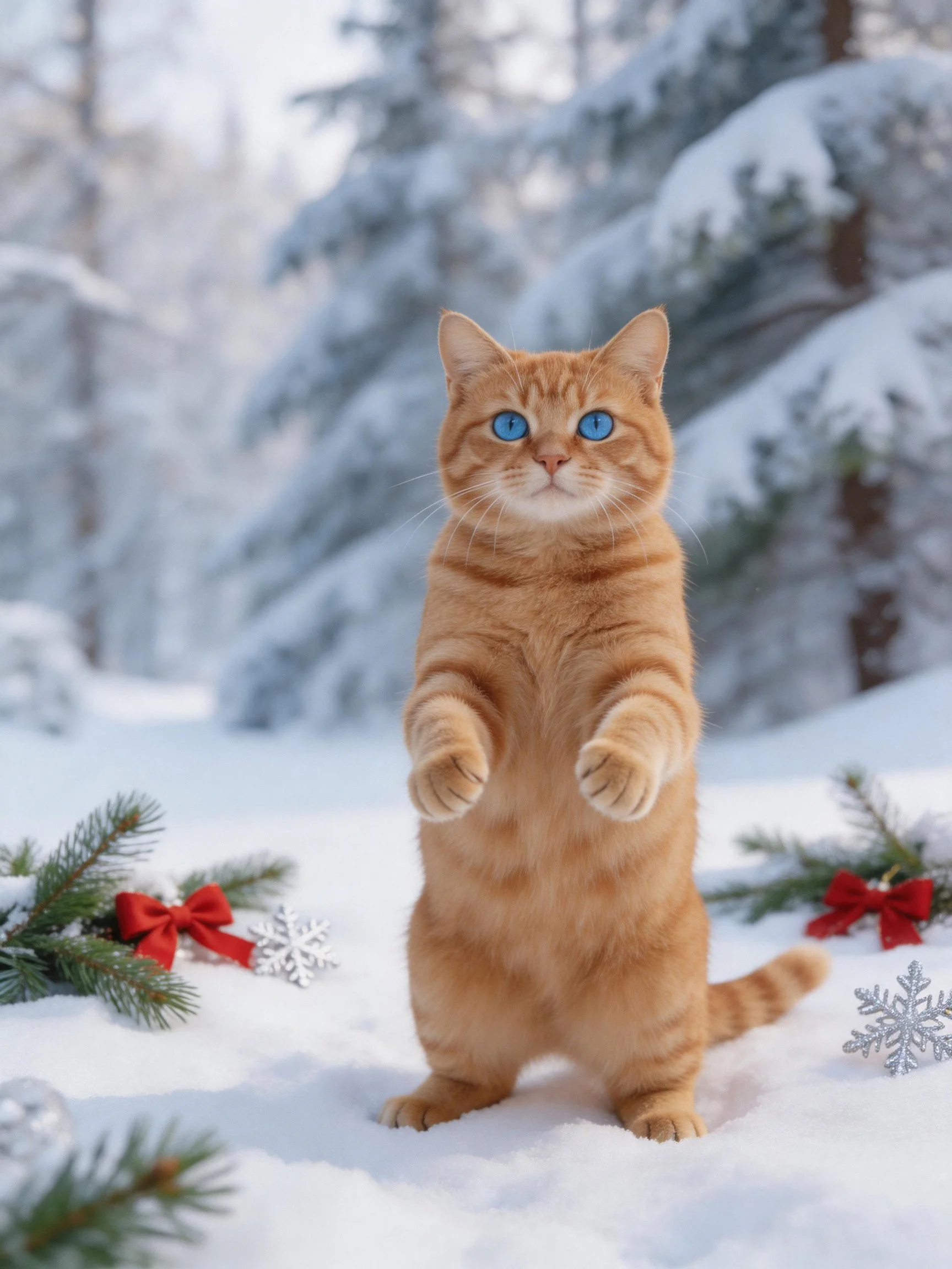 An orange tabby cat stands in a snowy forest with festive decorations
