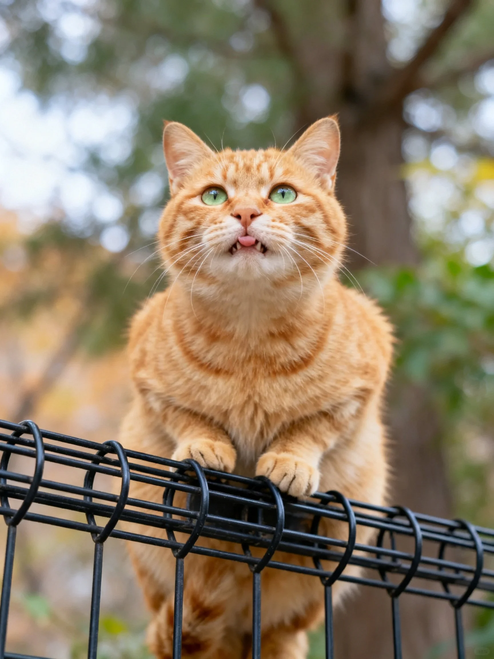 An orange tabby cat stands on a black fence in a natural outdoor setting.