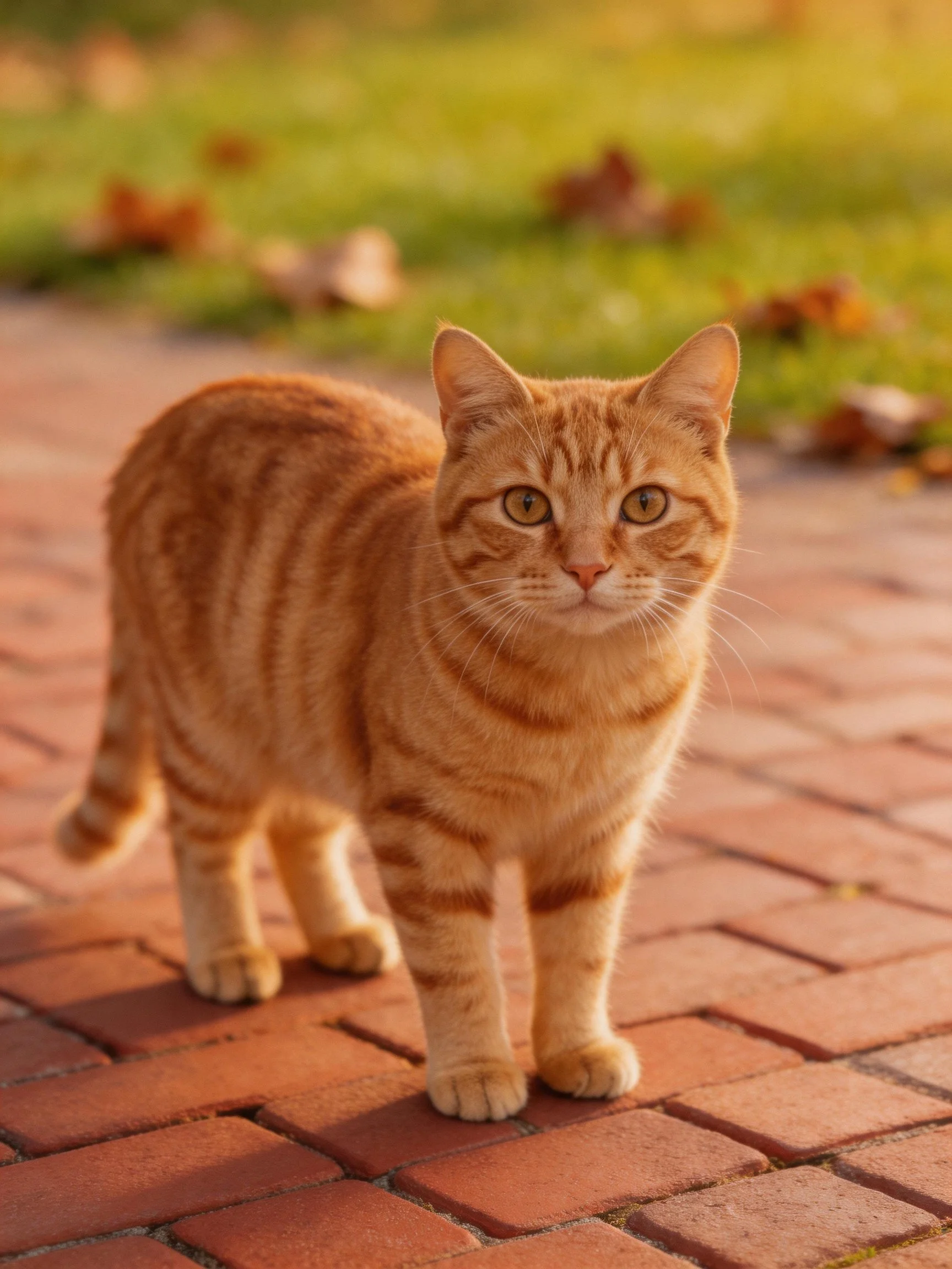 An orange tabby cat stands on a brick-paved surface outdoors