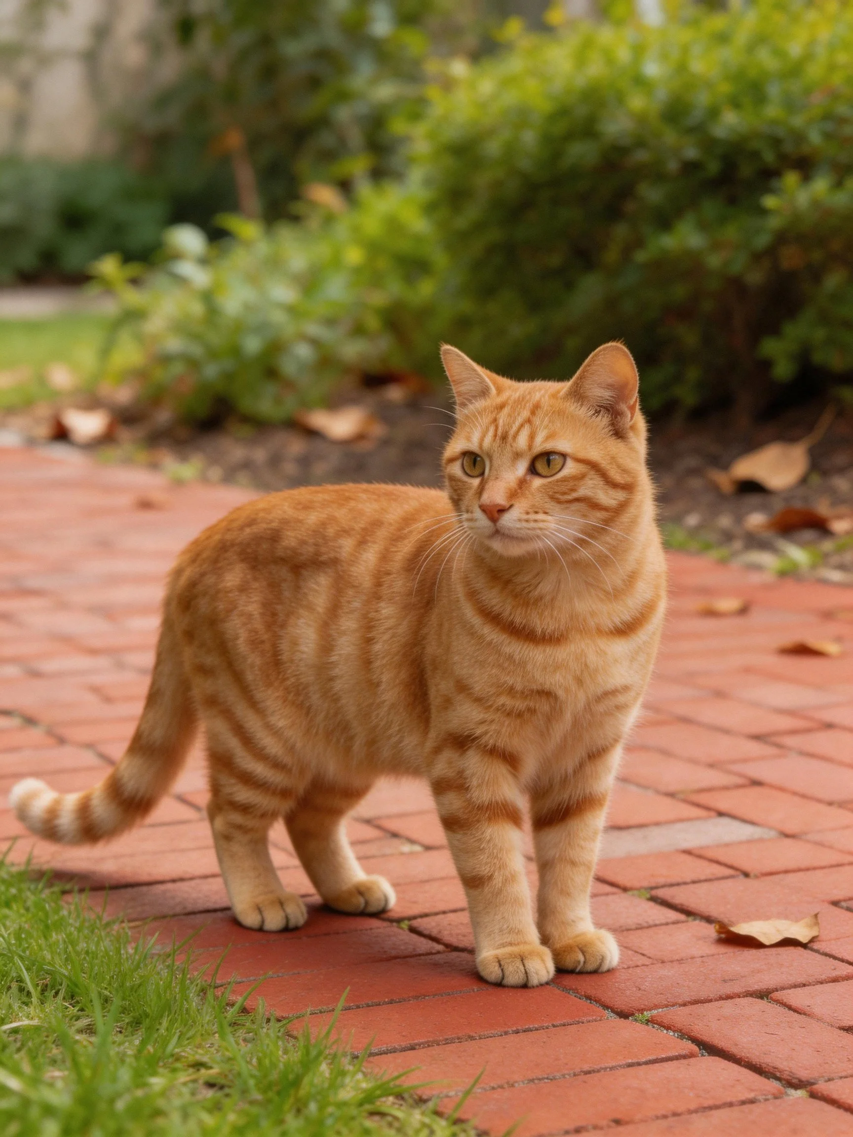 An orange tabby cat stands on a red brick path amid greenery.