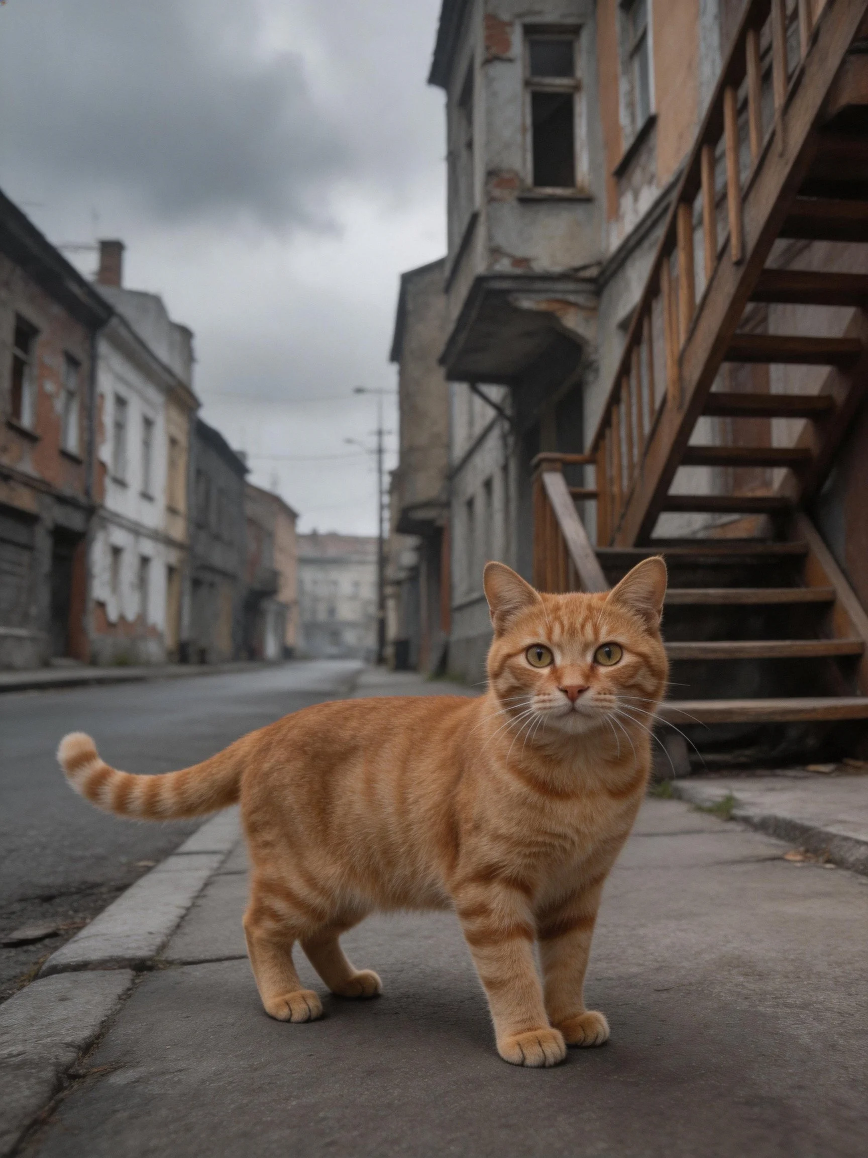 An orange tabby cat stands on a weathered urban street with aged buildings