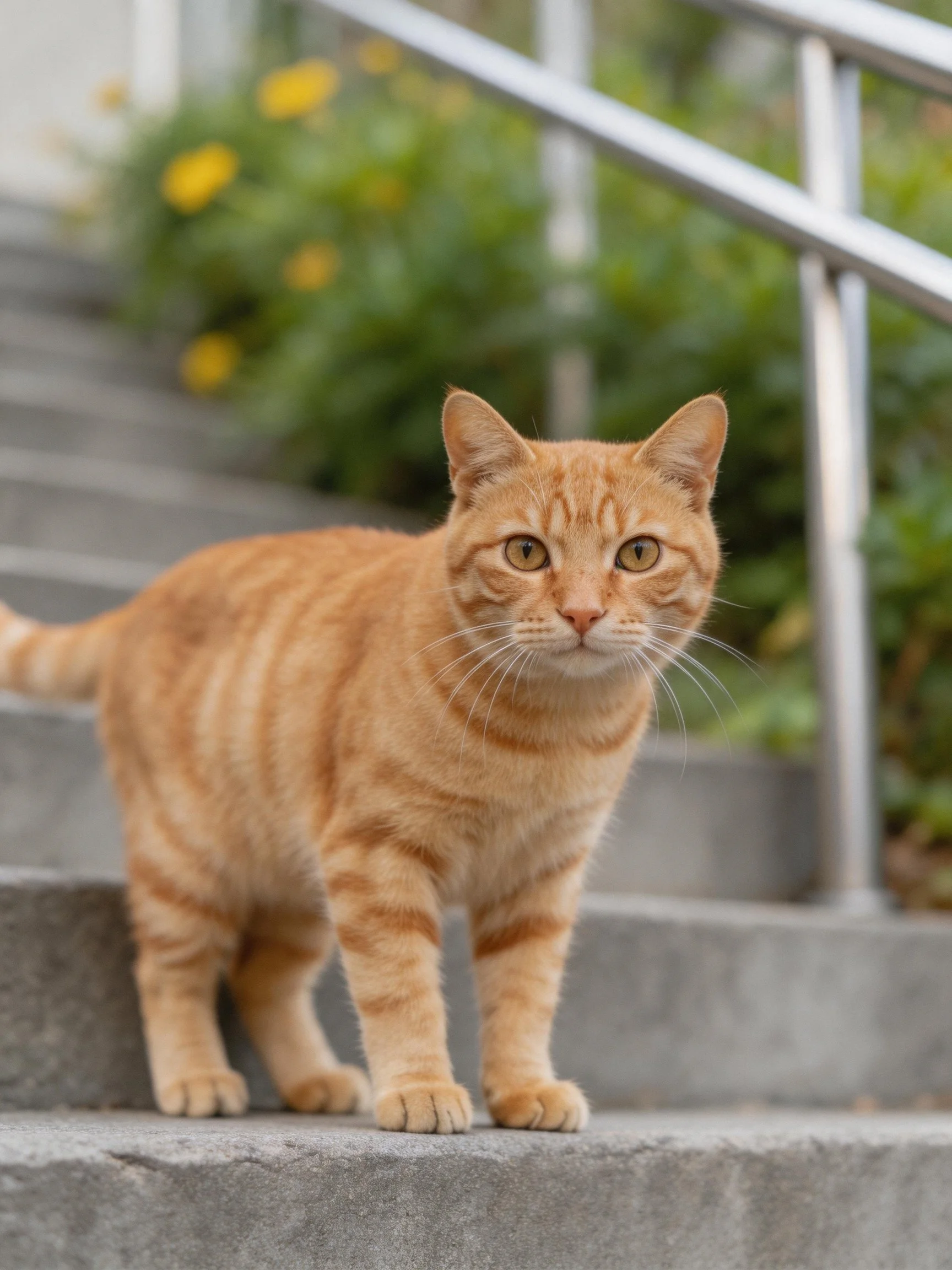 An orange tabby cat stands on outdoor concrete steps with greenery nearby