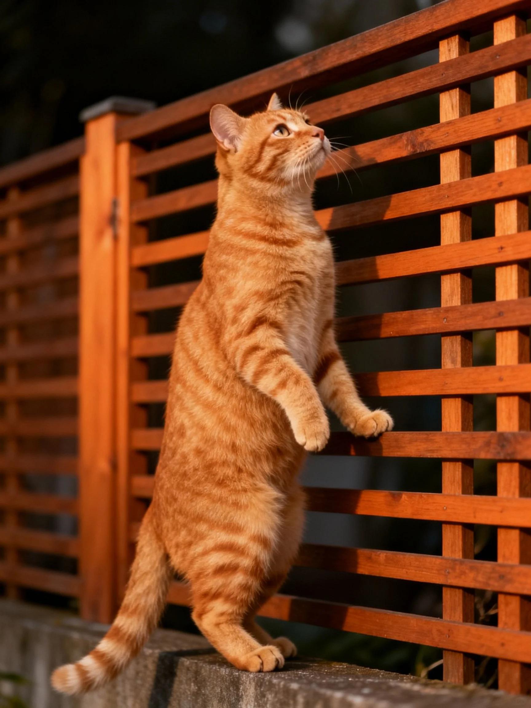 An orange tabby cat stands upright against a wooden fence.